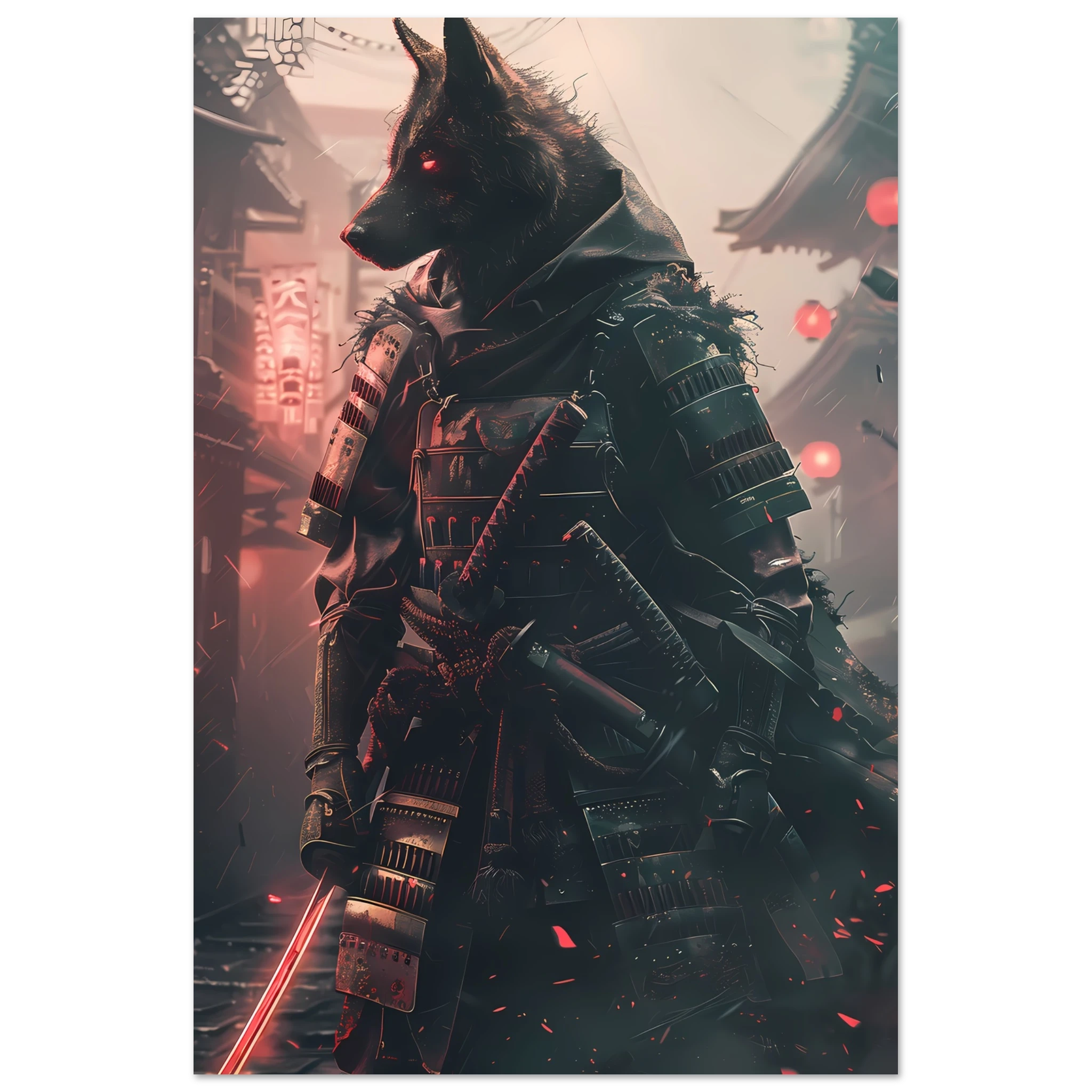 German Shepherd in neon samurai armor under glowing Tokyo lights — sci-fi pet art.
