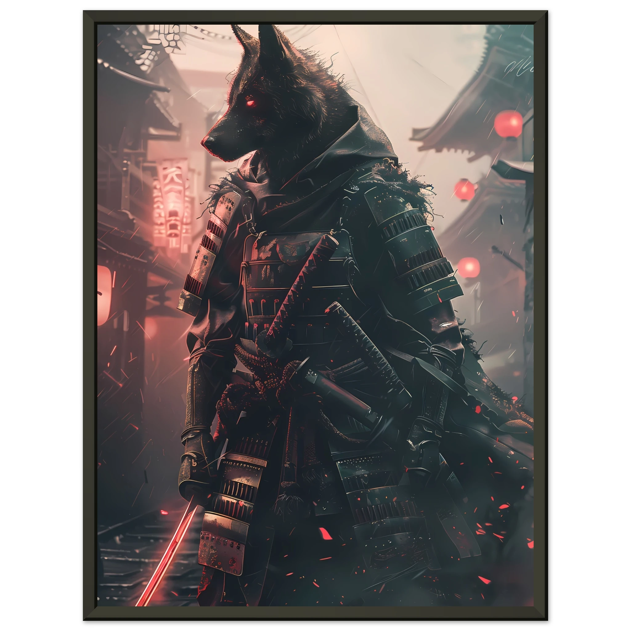 German Shepherd in neon samurai armor under glowing Tokyo lights — sci-fi pet art.