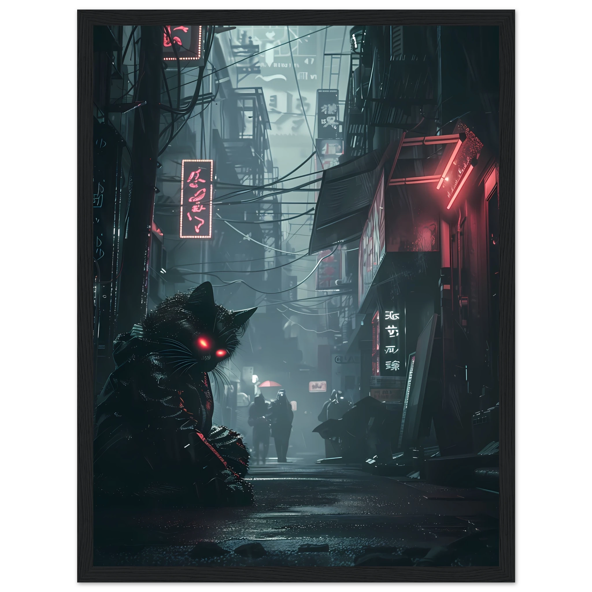 Black cat with glowing cybernetic eyes under neon lights — futuristic cyberpunk art print.