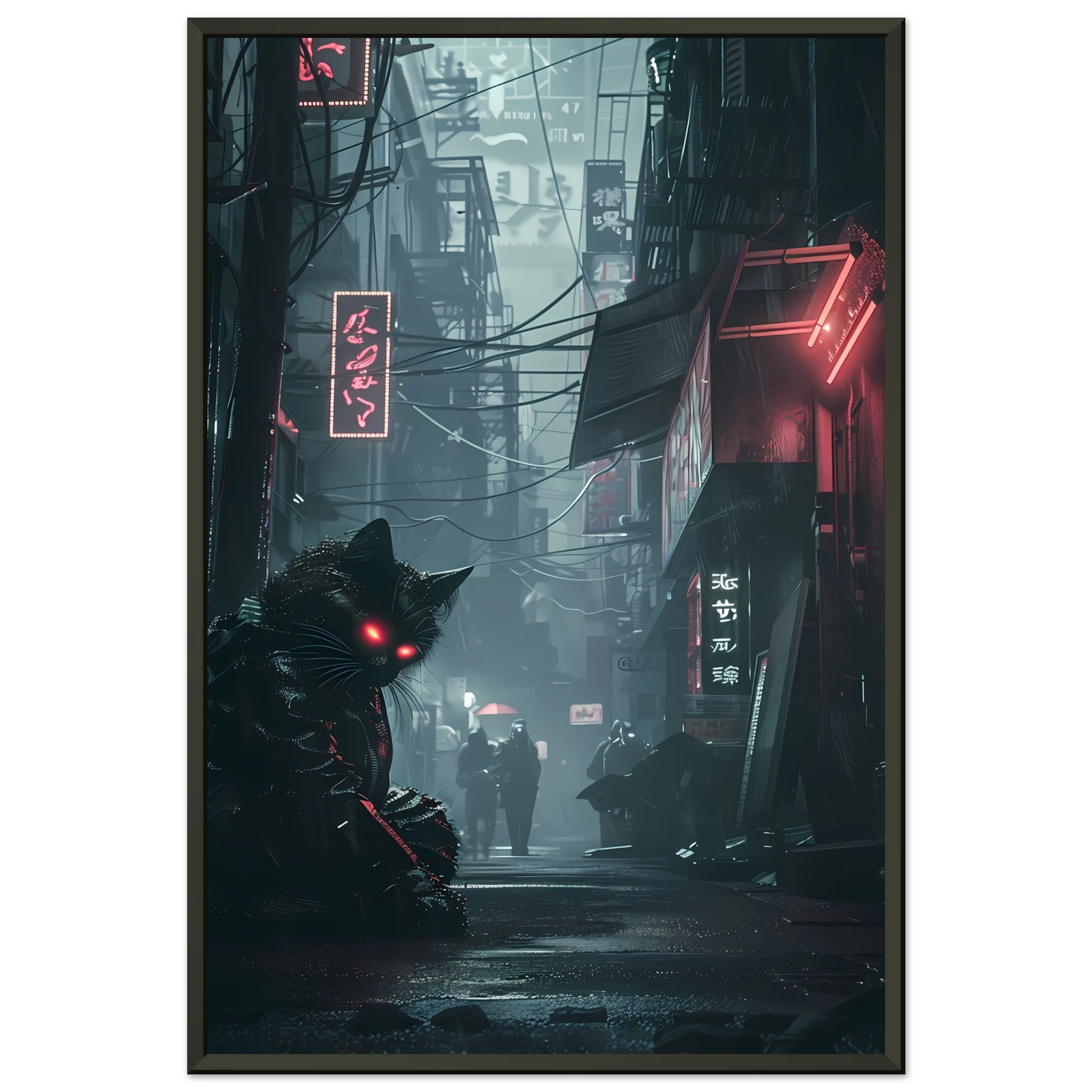 Black cat with glowing cybernetic eyes under neon lights — futuristic cyberpunk art print.
