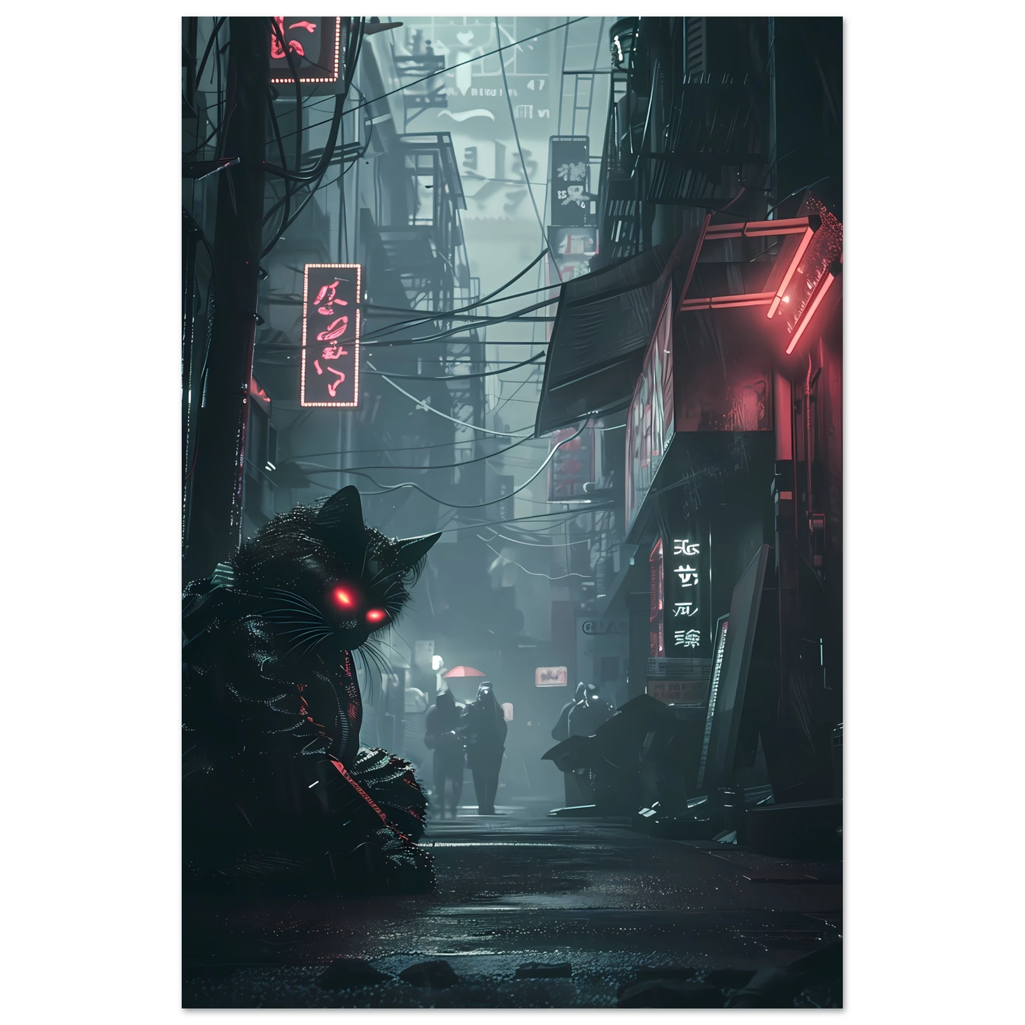 Black cat with glowing cybernetic eyes under neon lights — futuristic cyberpunk art print.