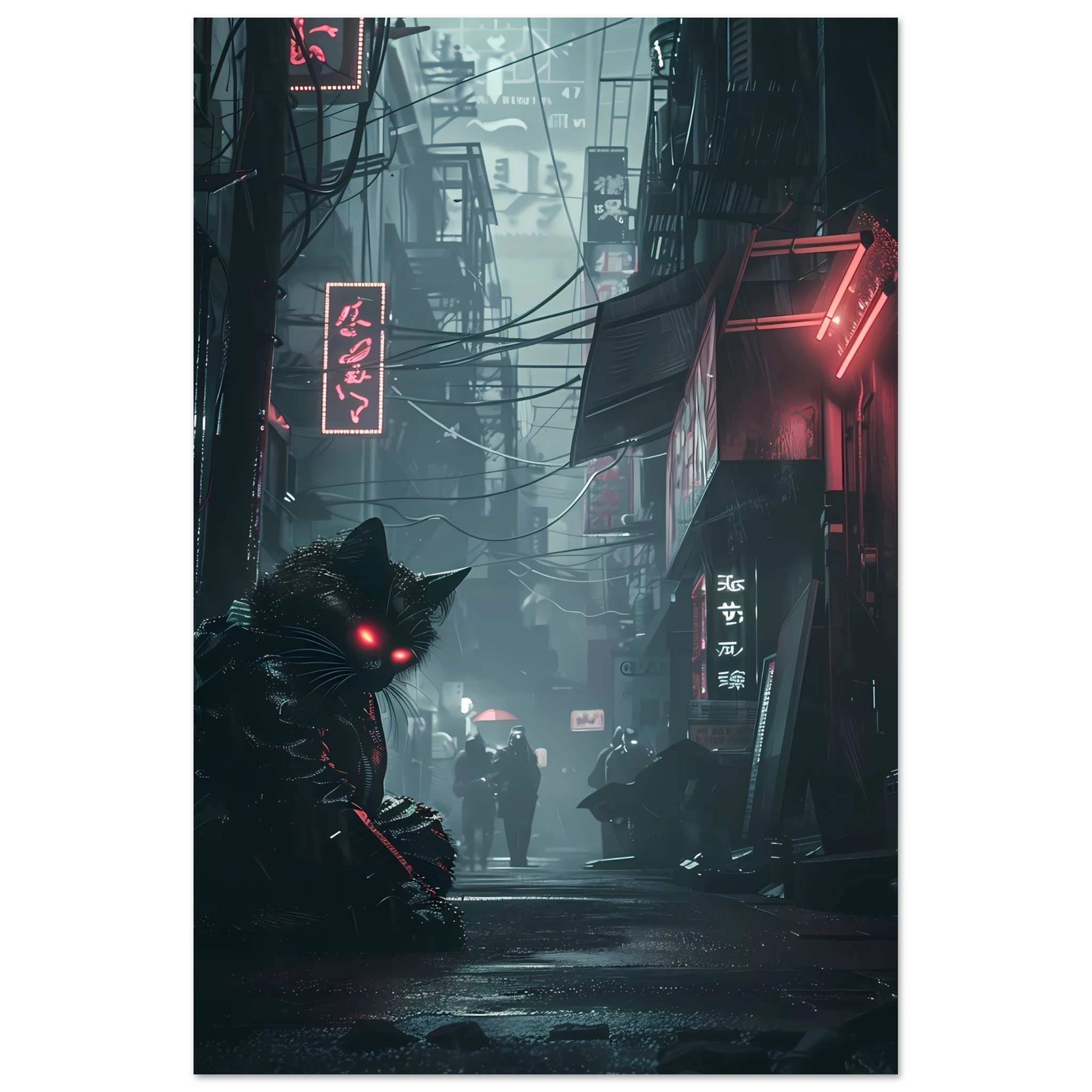Black cat with glowing cybernetic eyes under neon lights — futuristic cyberpunk art print.