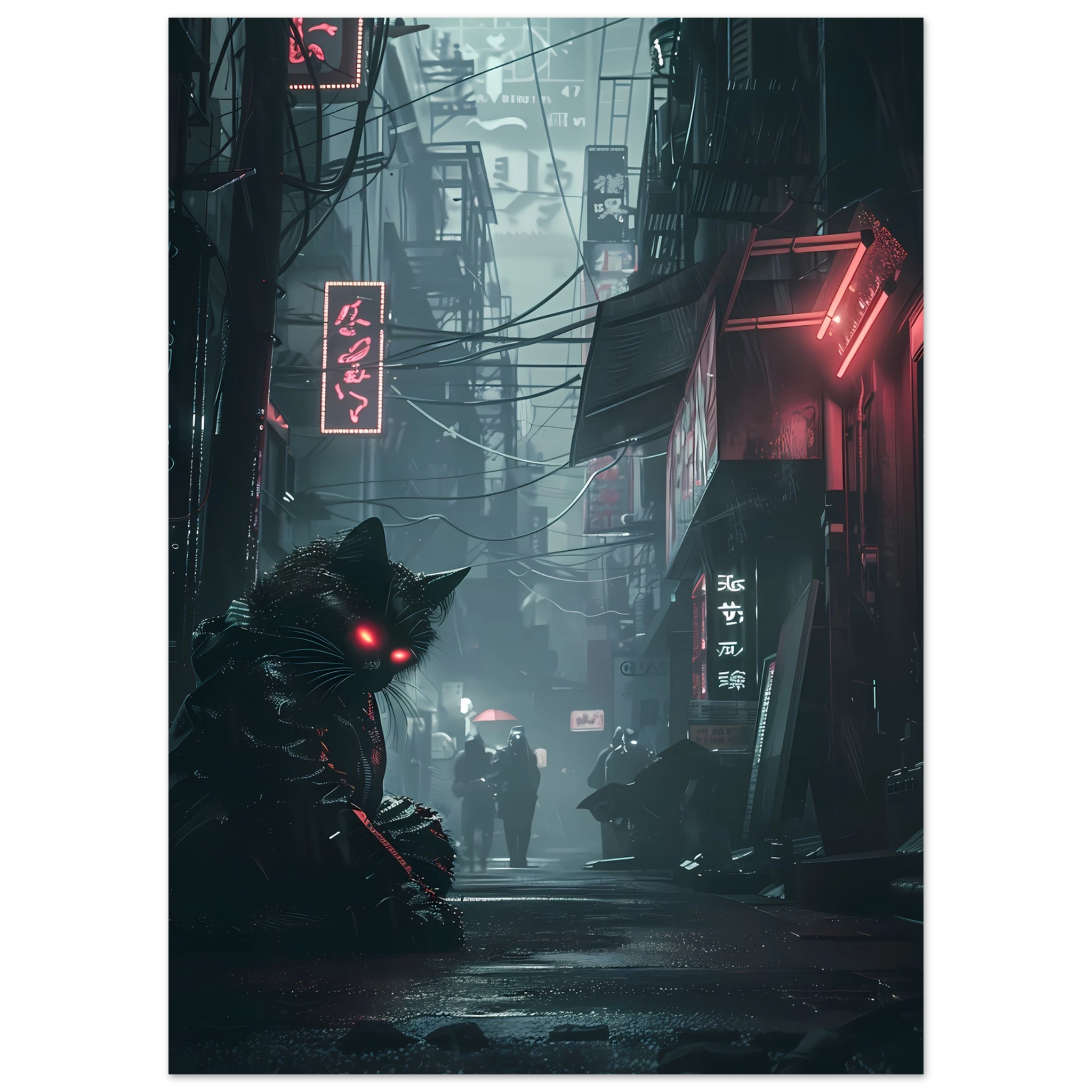 Black cat with glowing cybernetic eyes under neon lights — futuristic cyberpunk art print.
