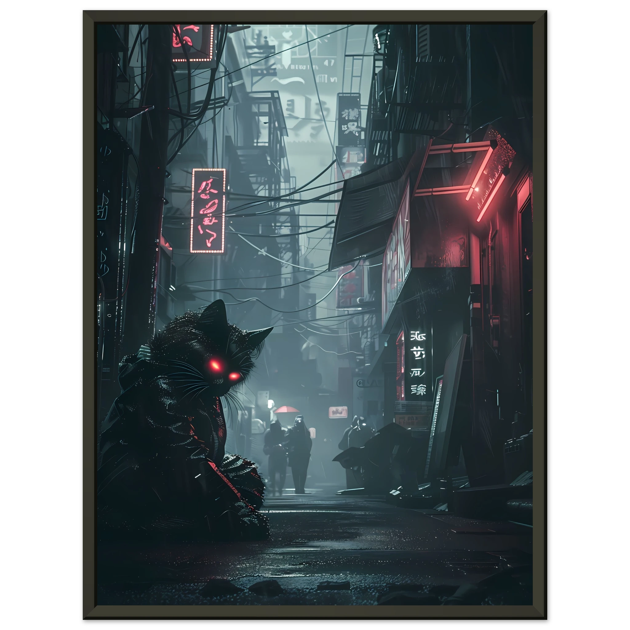 Black cat with glowing cybernetic eyes under neon lights — futuristic cyberpunk art print.