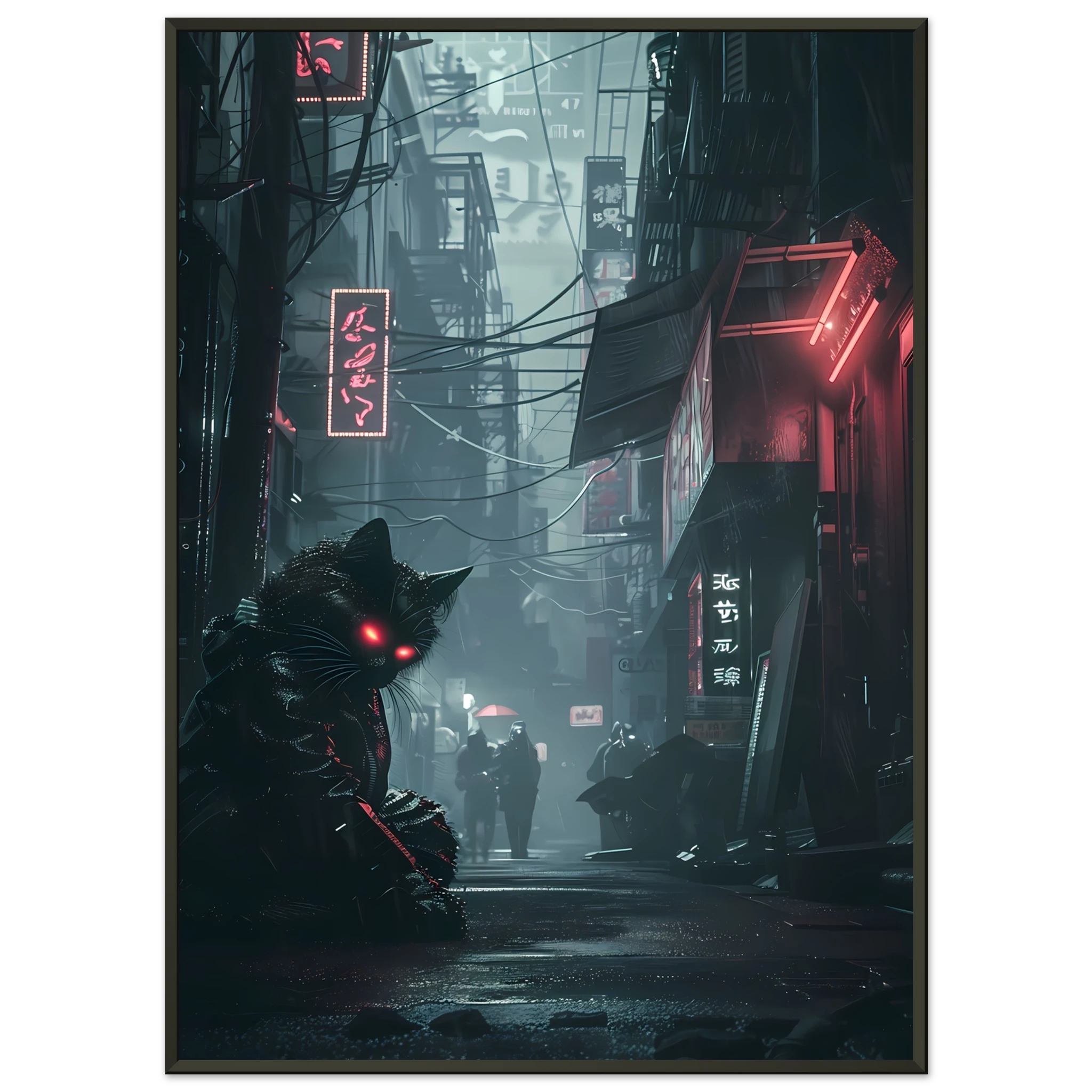 Black cat with glowing cybernetic eyes under neon lights — futuristic cyberpunk art print.