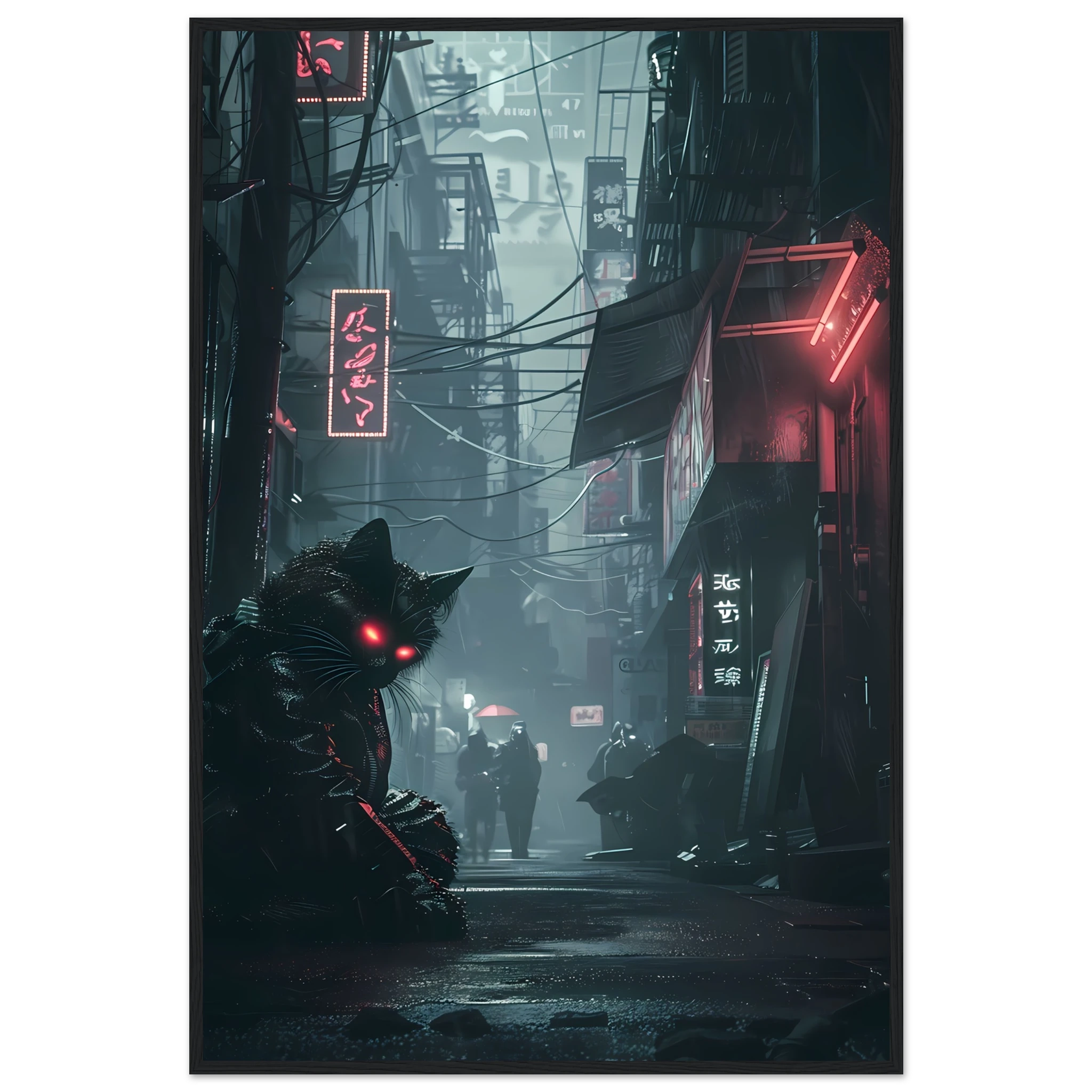 Black cat with glowing cybernetic eyes under neon lights — futuristic cyberpunk art print.