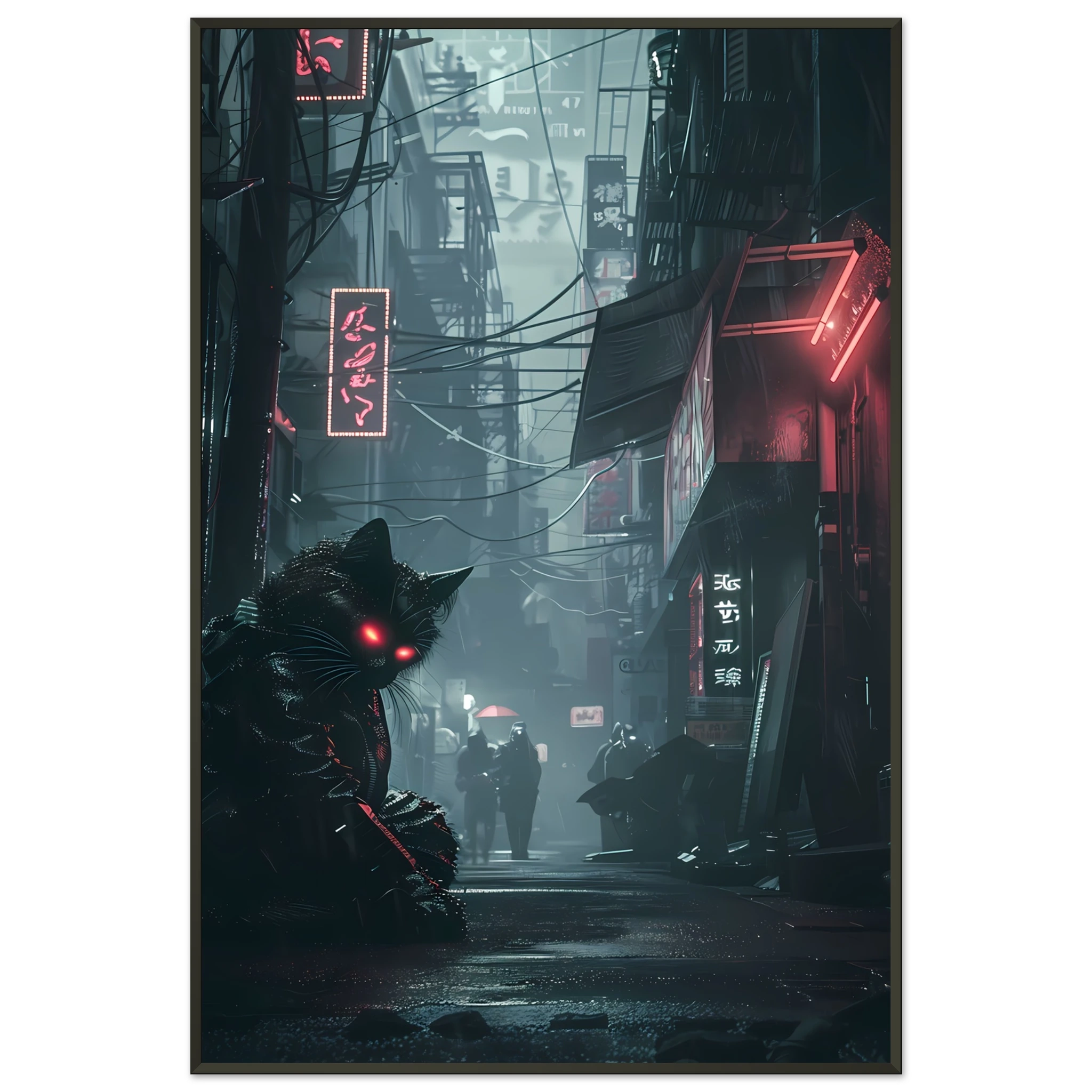 Black cat with glowing cybernetic eyes under neon lights — futuristic cyberpunk art print.