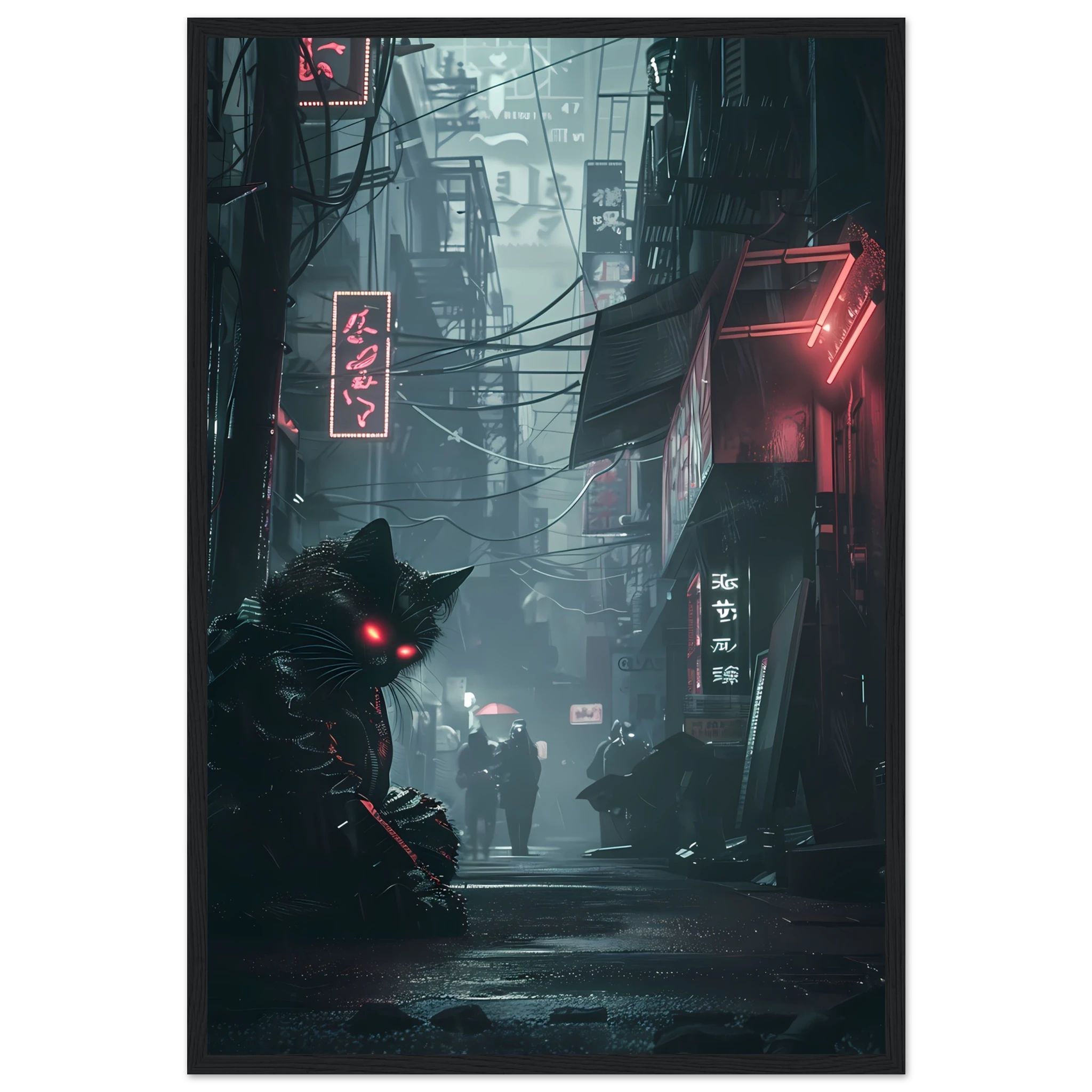 Black cat with glowing cybernetic eyes under neon lights — futuristic cyberpunk art print.