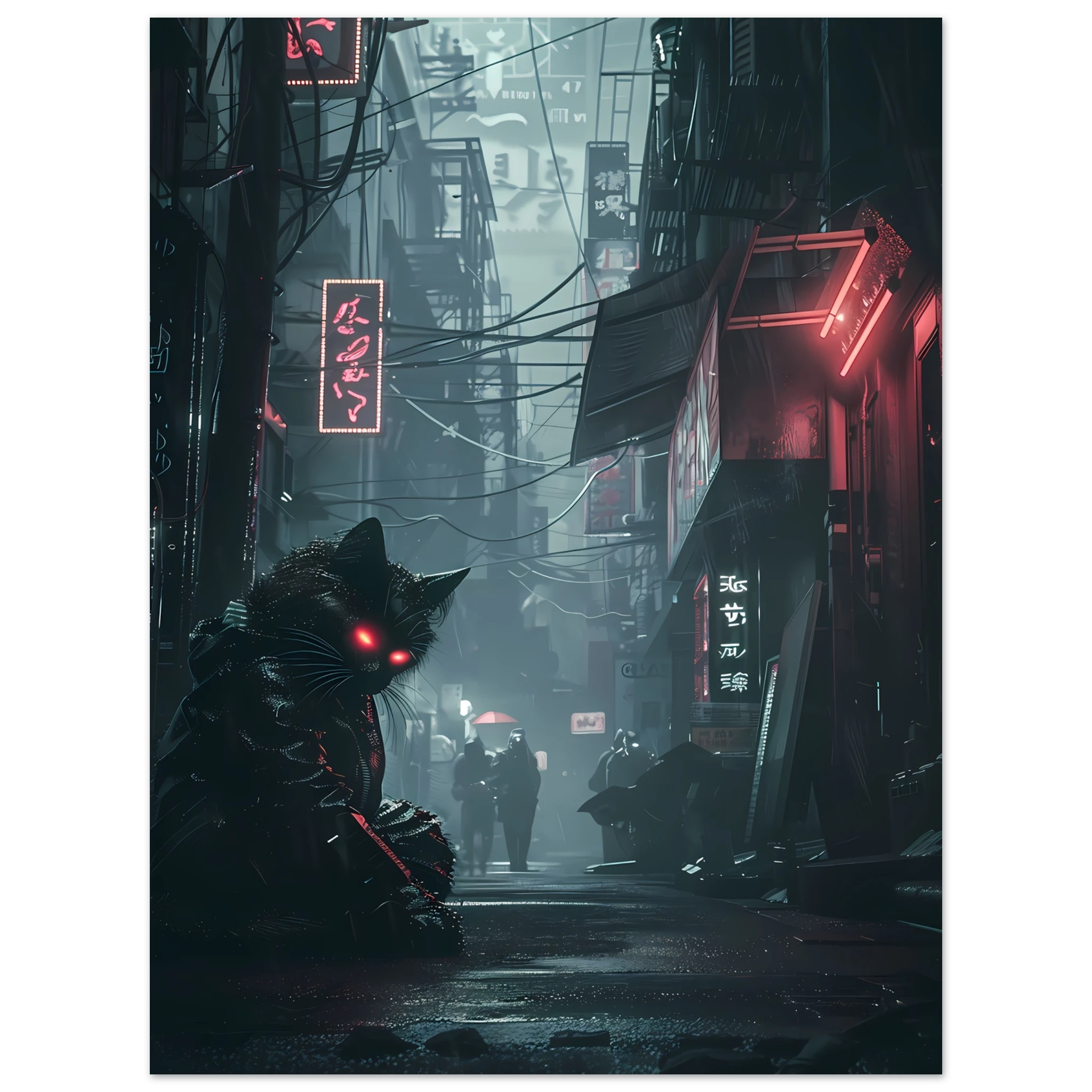 Black cat with glowing cybernetic eyes under neon lights — futuristic cyberpunk art print.