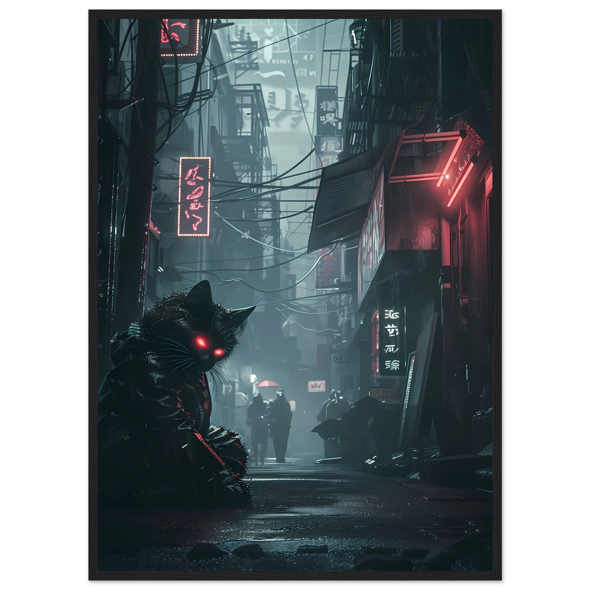 Black cat with glowing cybernetic eyes under neon lights — futuristic cyberpunk art print.