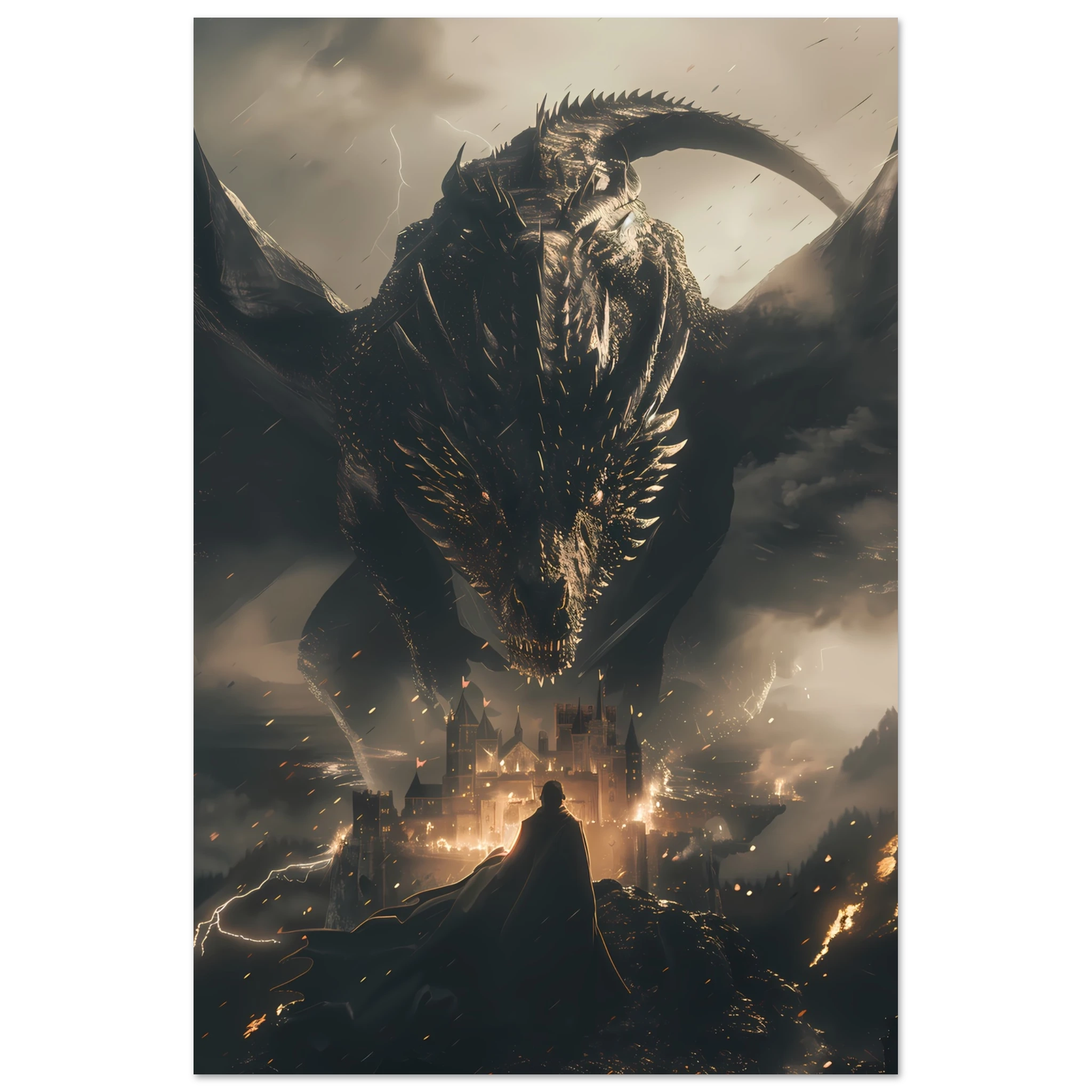 Massive dragon over ancient castle during storm — fantasy cinematic wall art print.