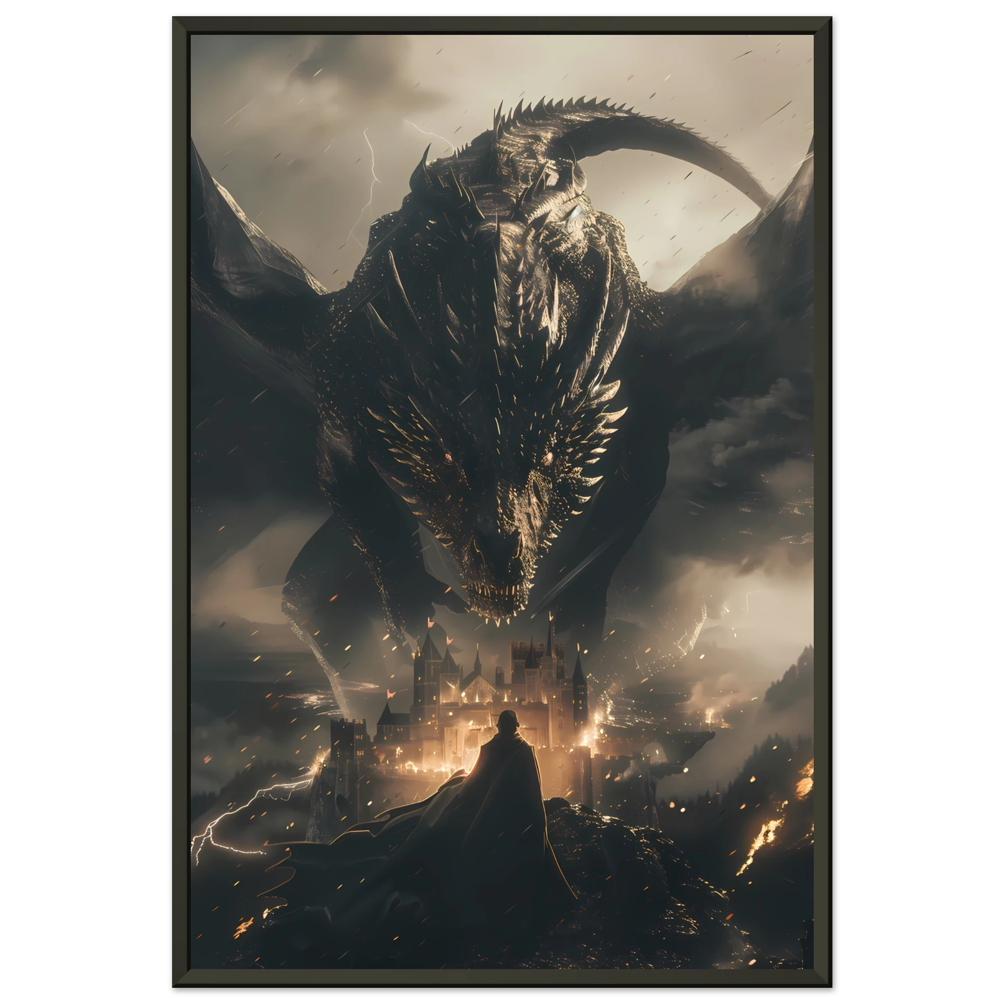 Massive dragon over ancient castle during storm — fantasy cinematic wall art print.