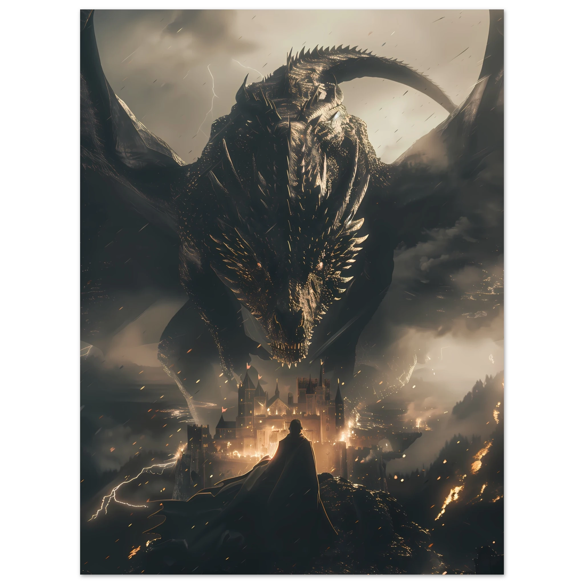 Massive dragon over ancient castle during storm — fantasy cinematic wall art print.