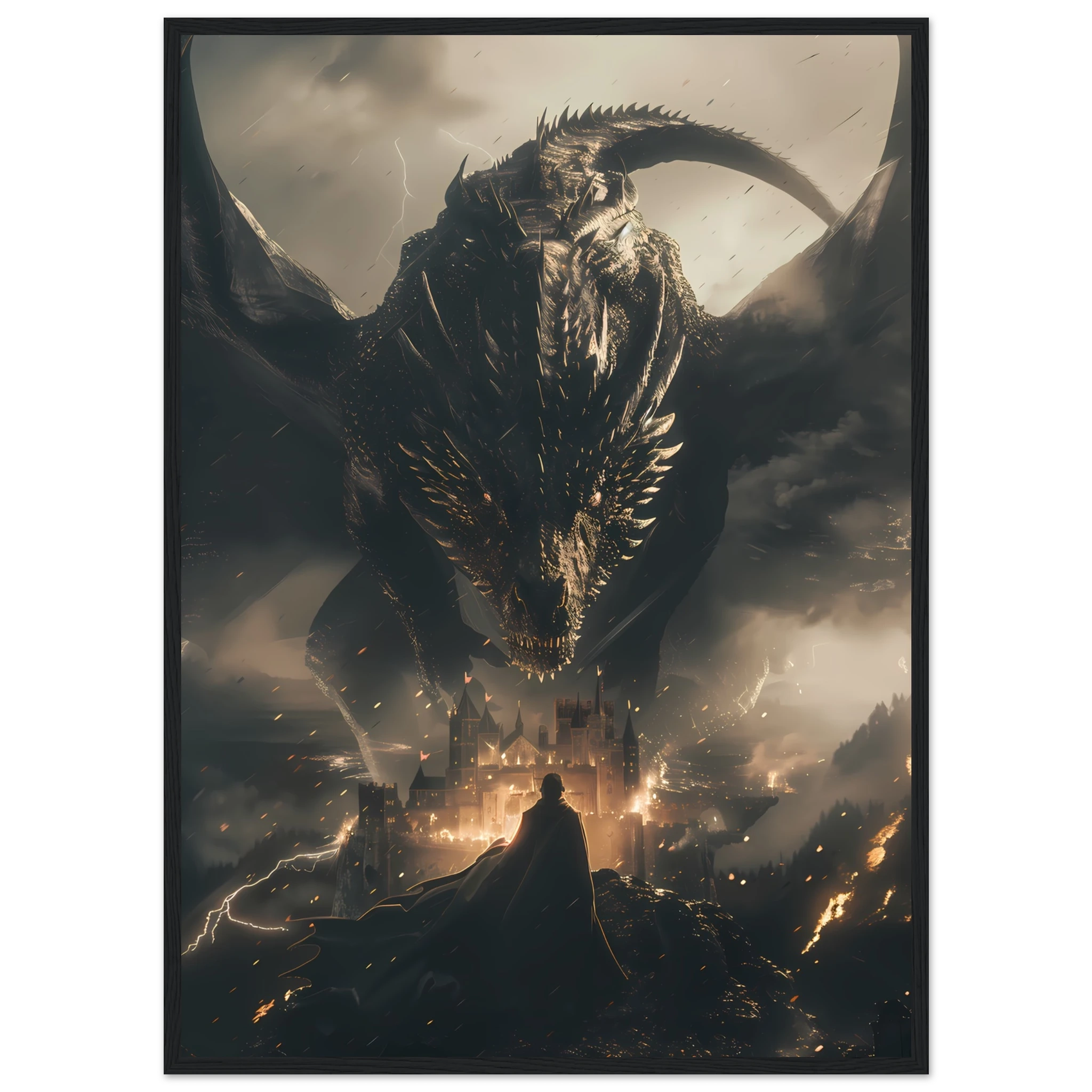 Massive dragon over ancient castle during storm — fantasy cinematic wall art print.