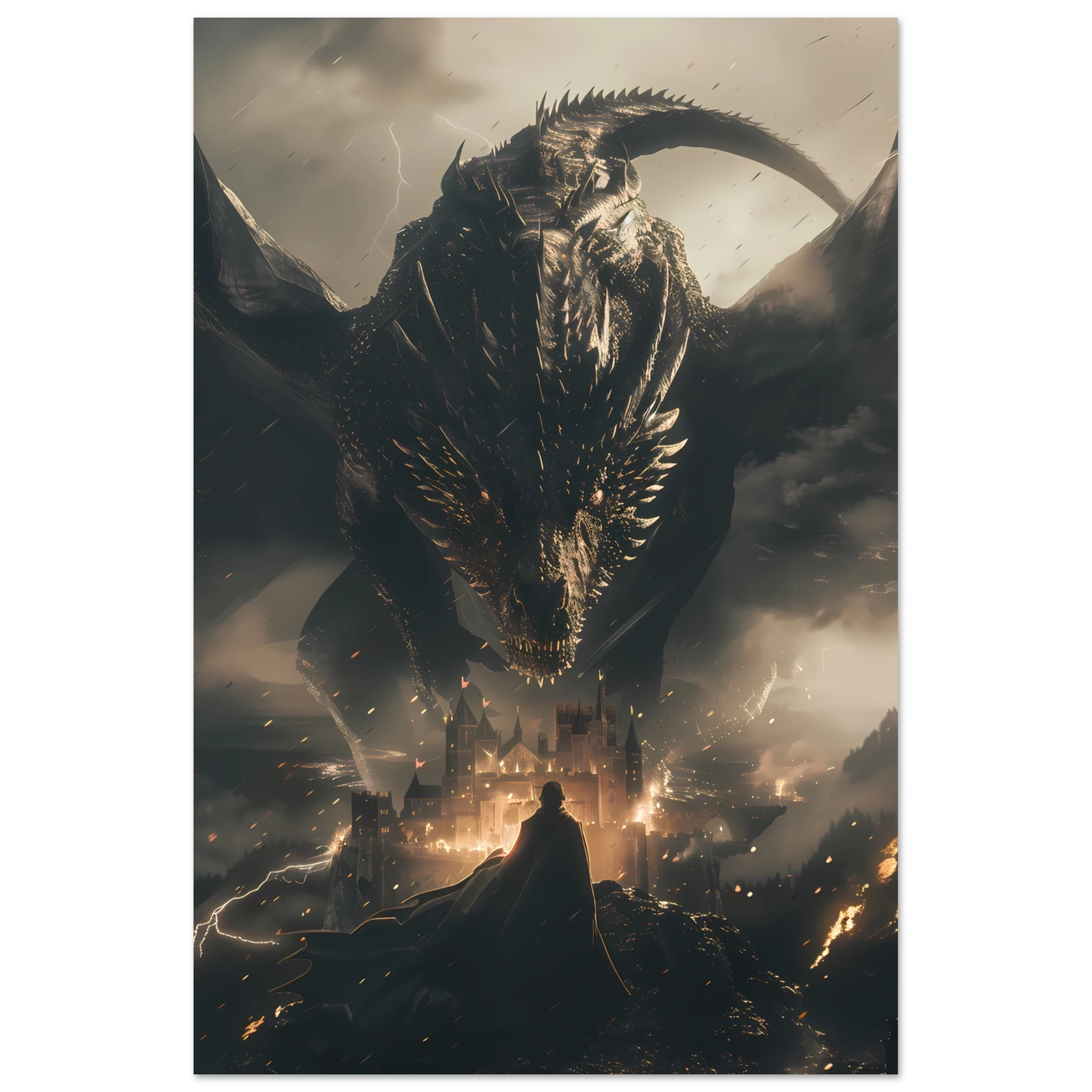 Massive dragon over ancient castle during storm — fantasy cinematic wall art print.