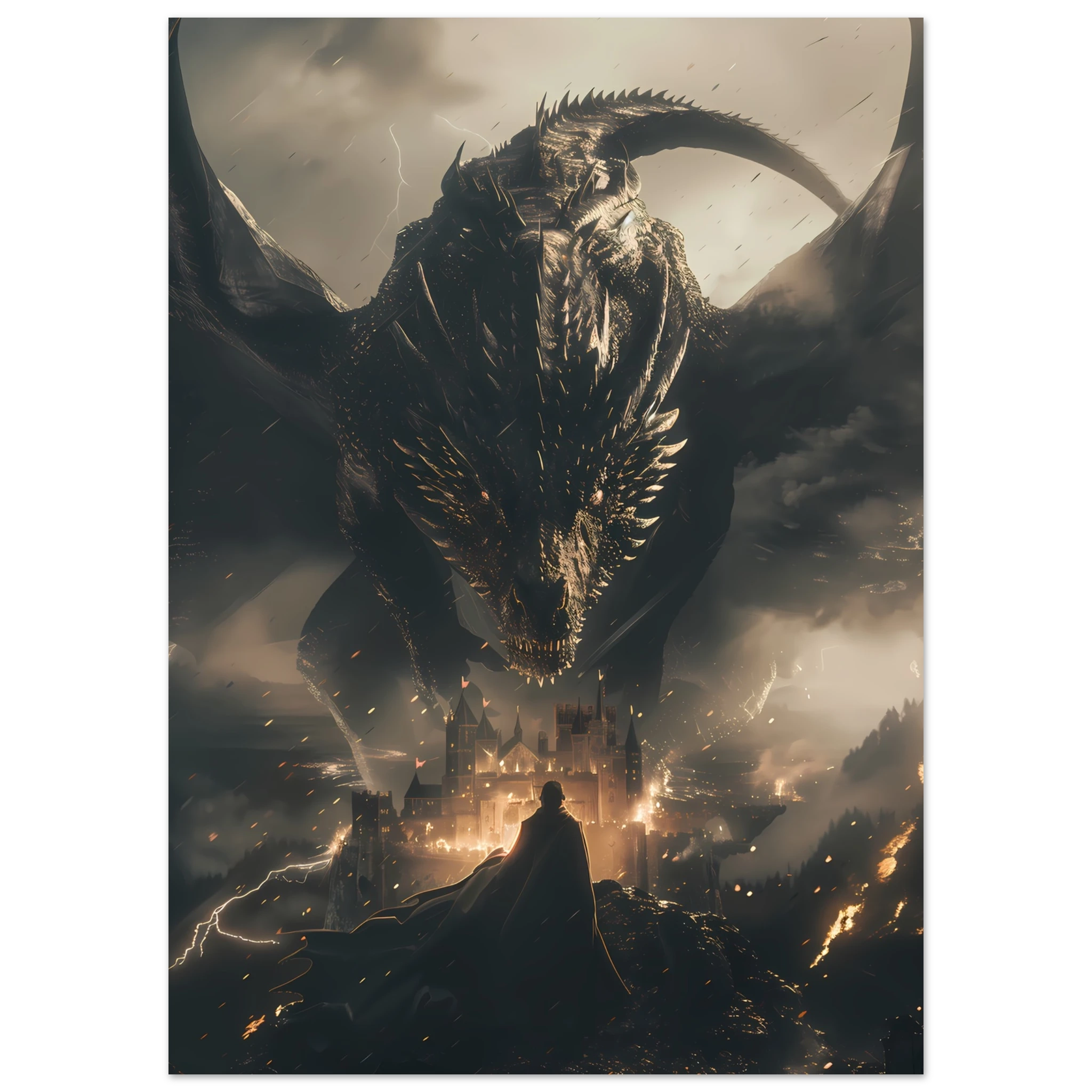 Massive dragon over ancient castle during storm — fantasy cinematic wall art print.
