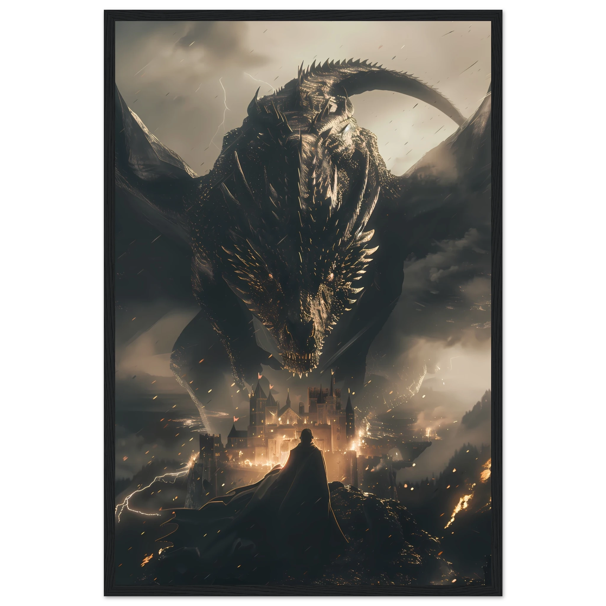 Massive dragon over ancient castle during storm — fantasy cinematic wall art print.