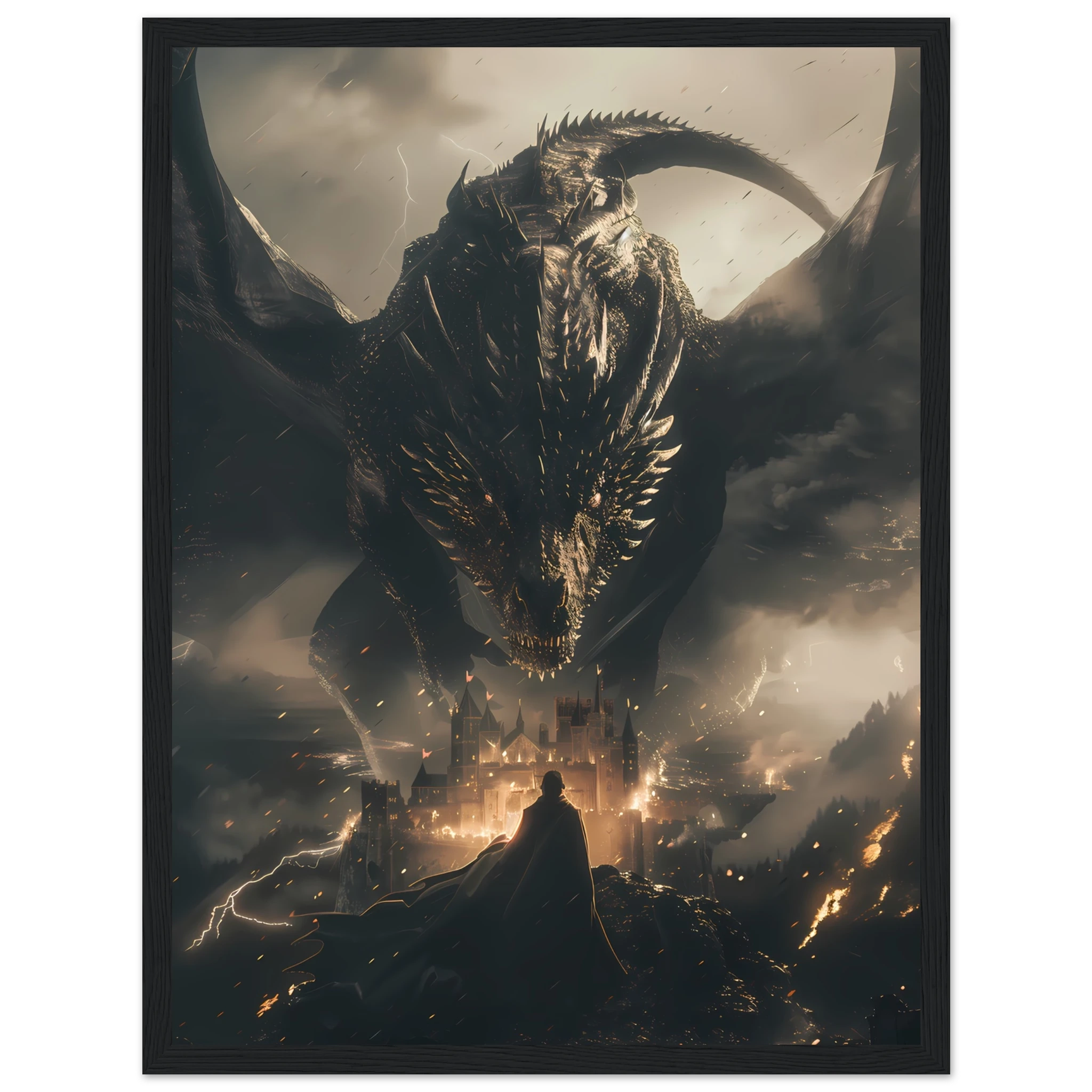 Massive dragon over ancient castle during storm — fantasy cinematic wall art print.