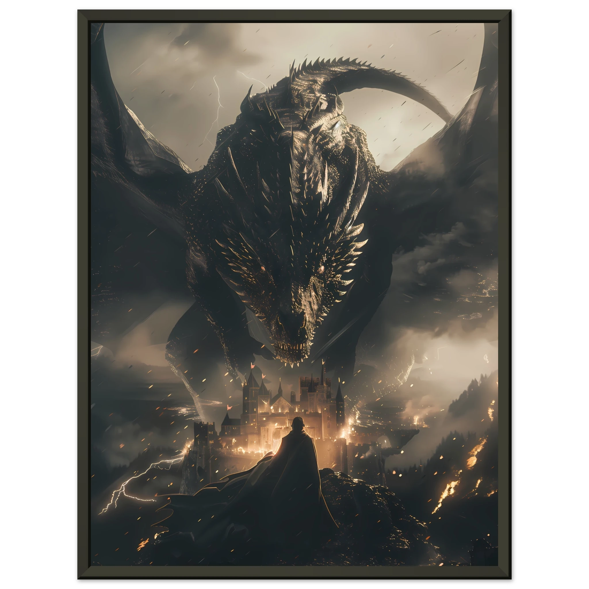 Massive dragon over ancient castle during storm — fantasy cinematic wall art print.