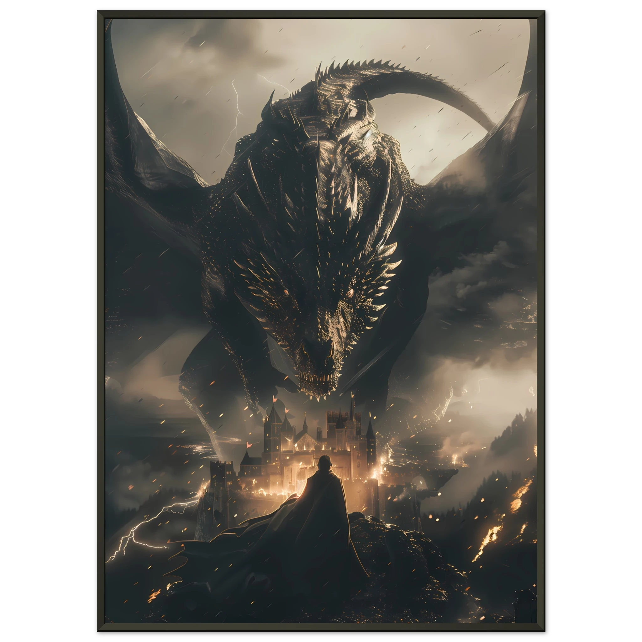 Massive dragon over ancient castle during storm — fantasy cinematic wall art print.
