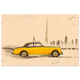 Gold Rolls-Royce sketched in Dubai skyline with desert backdrop — luxury vintage wall art.
