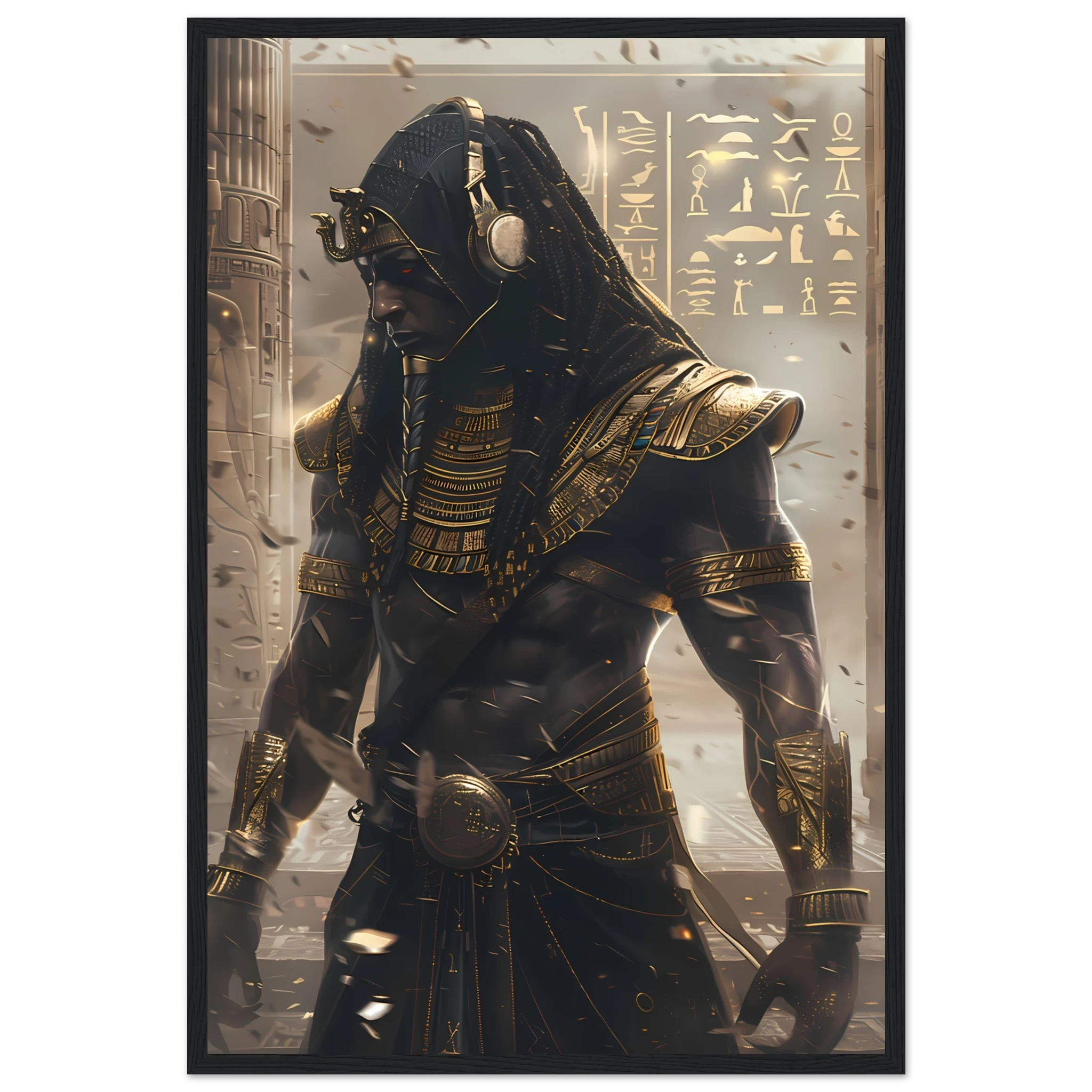 Pharaoh DJ with holographic turntables and neon hieroglyphs — modern cultural mashup.