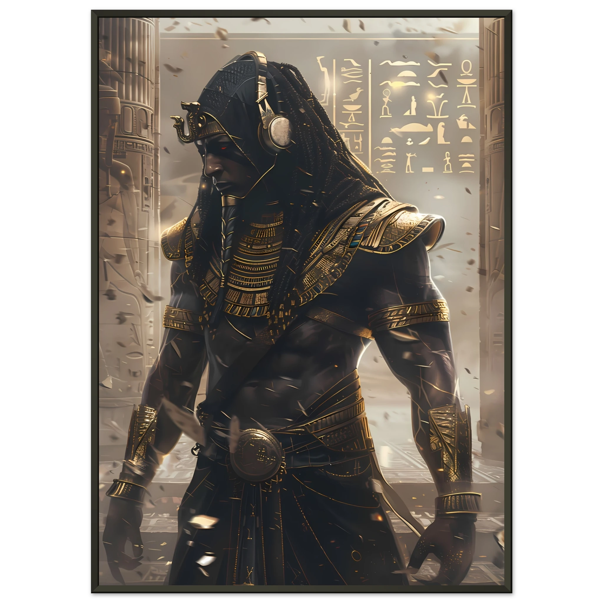 Pharaoh DJ with holographic turntables and neon hieroglyphs — modern cultural mashup.