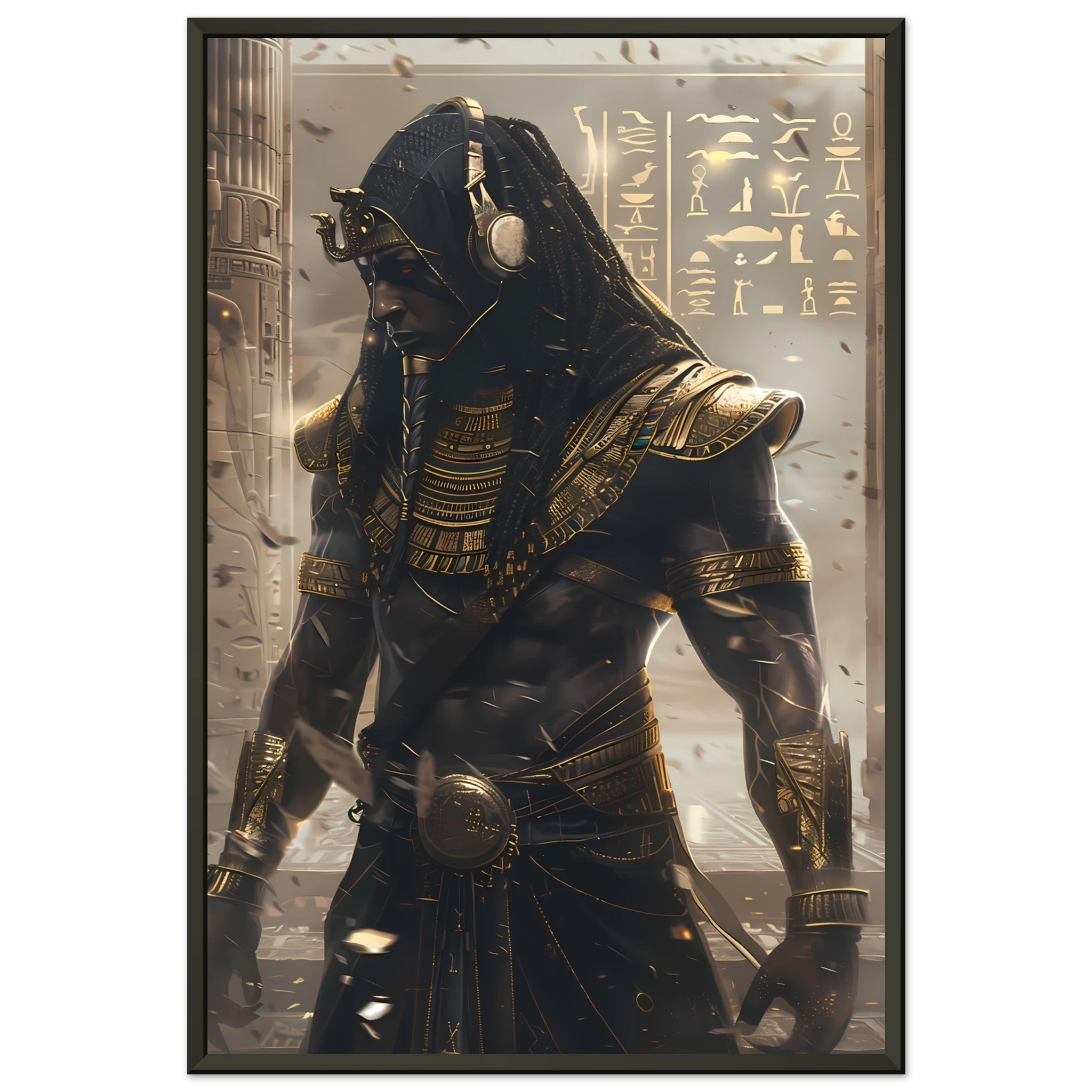 Pharaoh DJ with holographic turntables and neon hieroglyphs — modern cultural mashup.