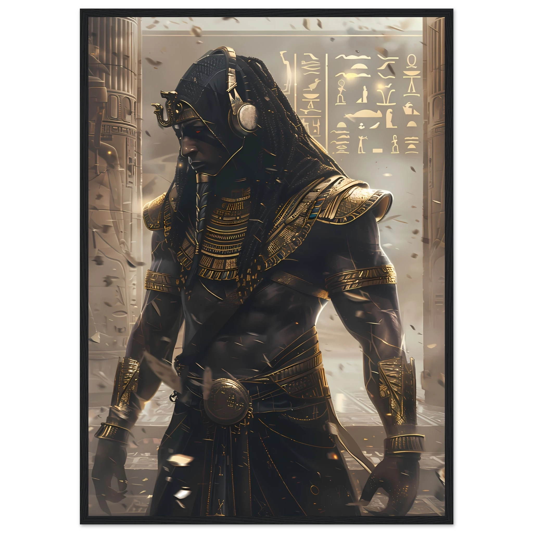 Pharaoh DJ with holographic turntables and neon hieroglyphs — modern cultural mashup.