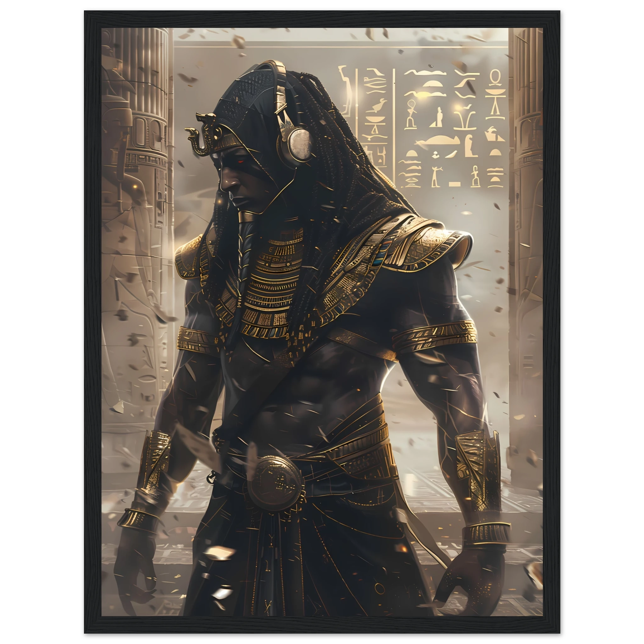 Pharaoh DJ with holographic turntables and neon hieroglyphs — modern cultural mashup.