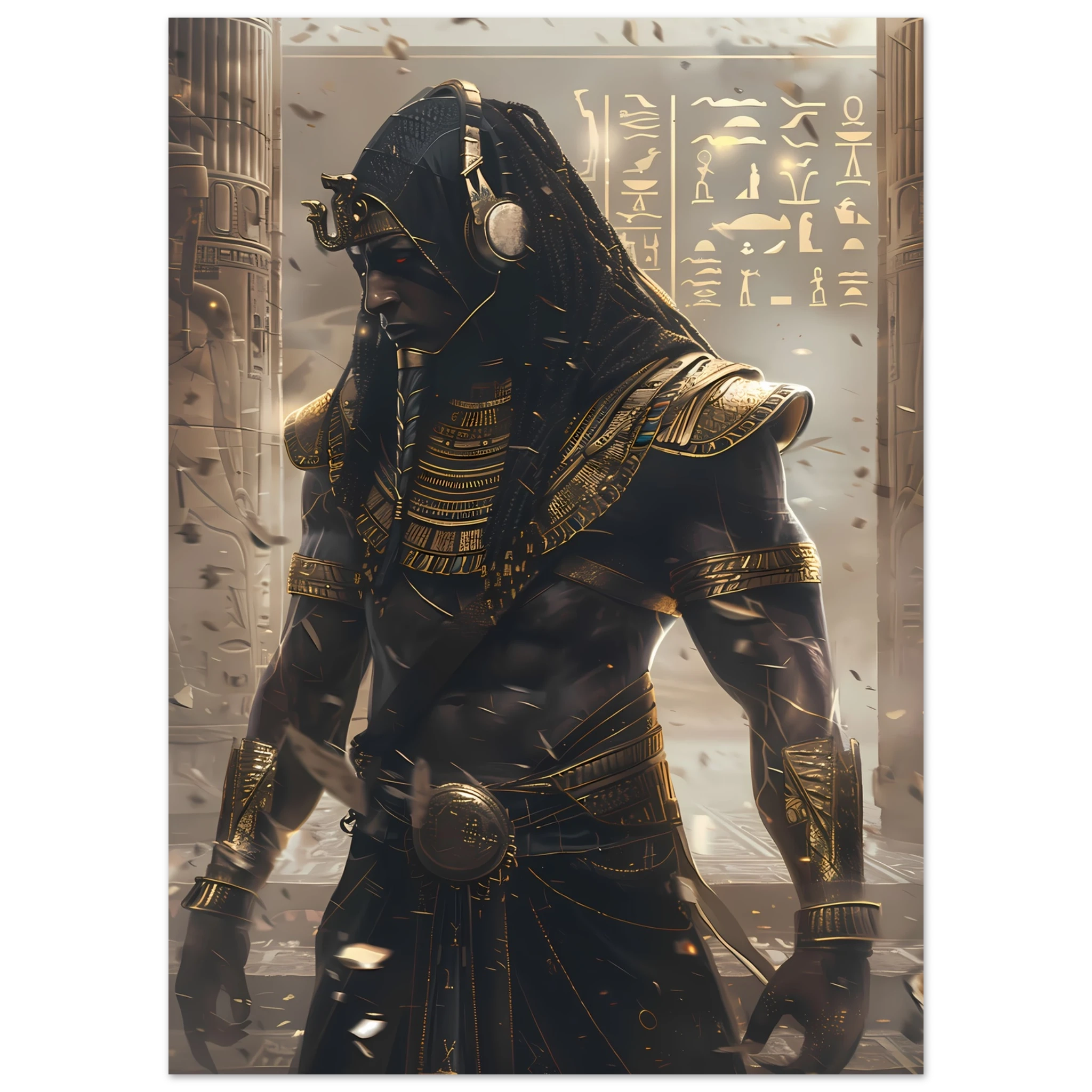 Pharaoh DJ with holographic turntables and neon hieroglyphs — modern cultural mashup.