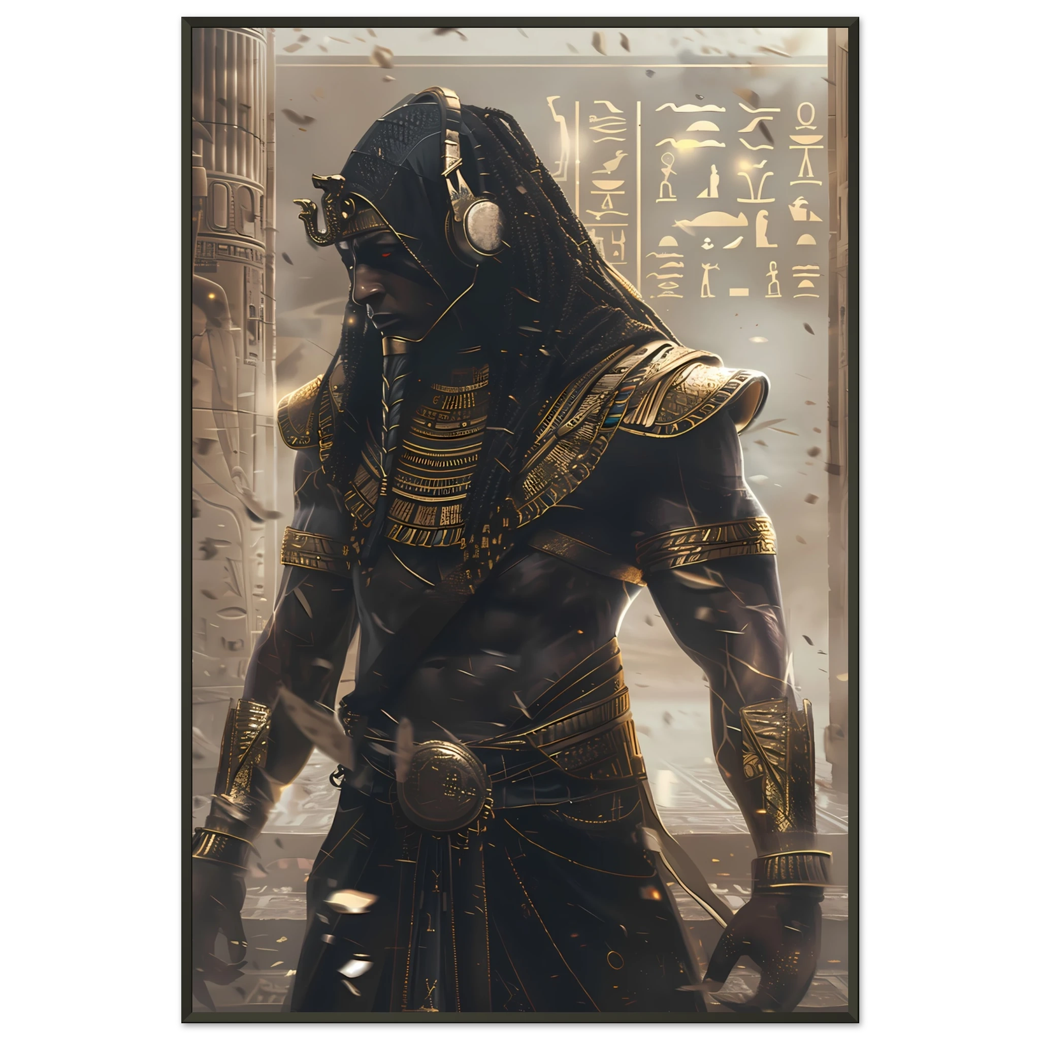 Pharaoh DJ with holographic turntables and neon hieroglyphs — modern cultural mashup.