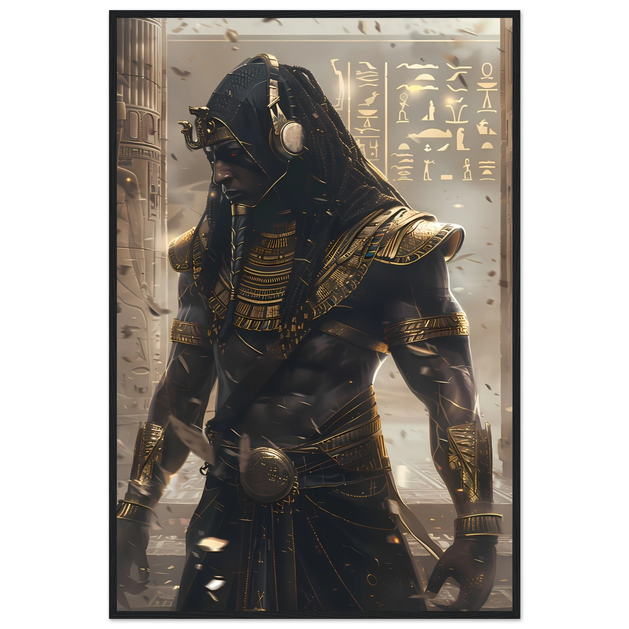 Pharaoh DJ with holographic turntables and neon hieroglyphs — modern cultural mashup.