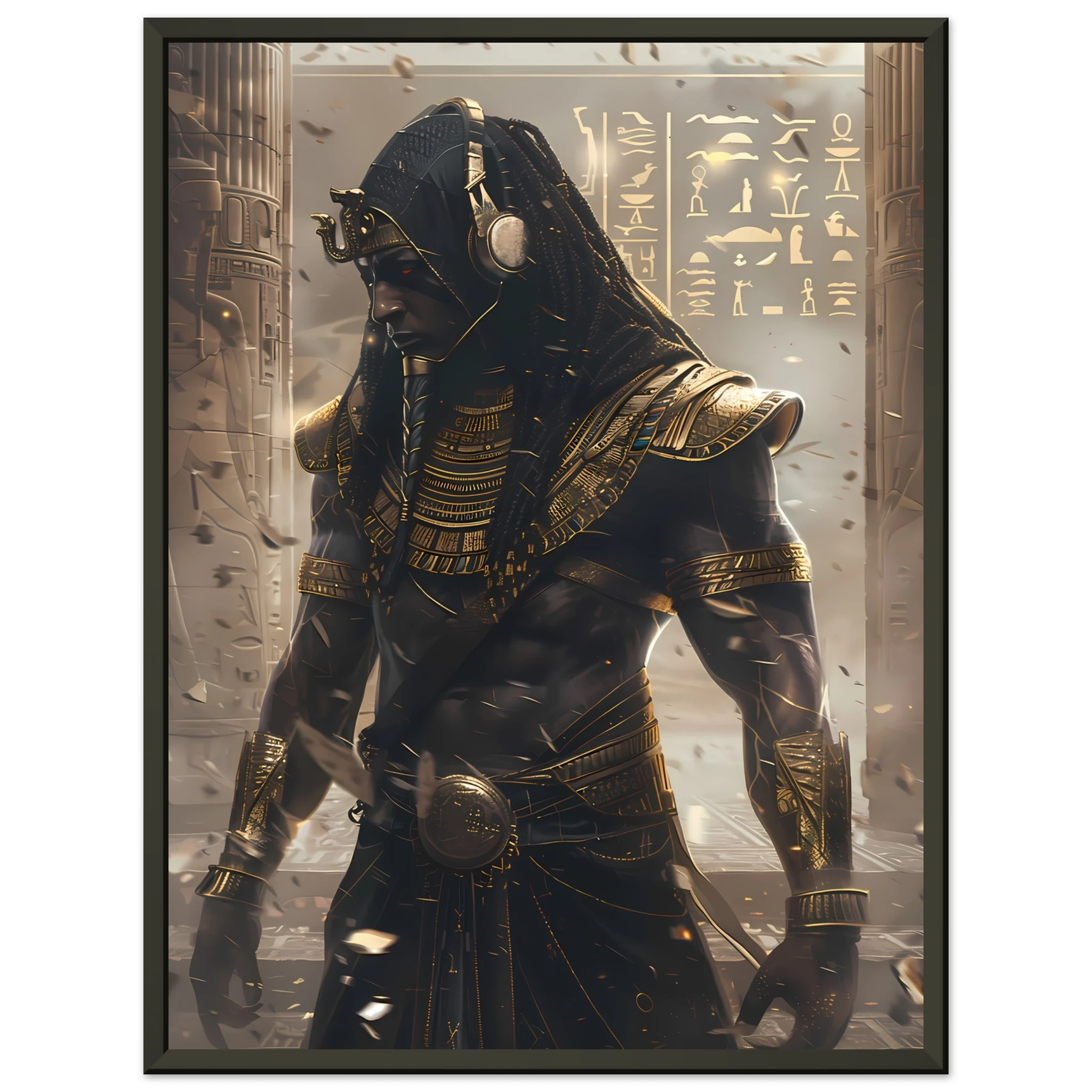 Pharaoh DJ with holographic turntables and neon hieroglyphs — modern cultural mashup.