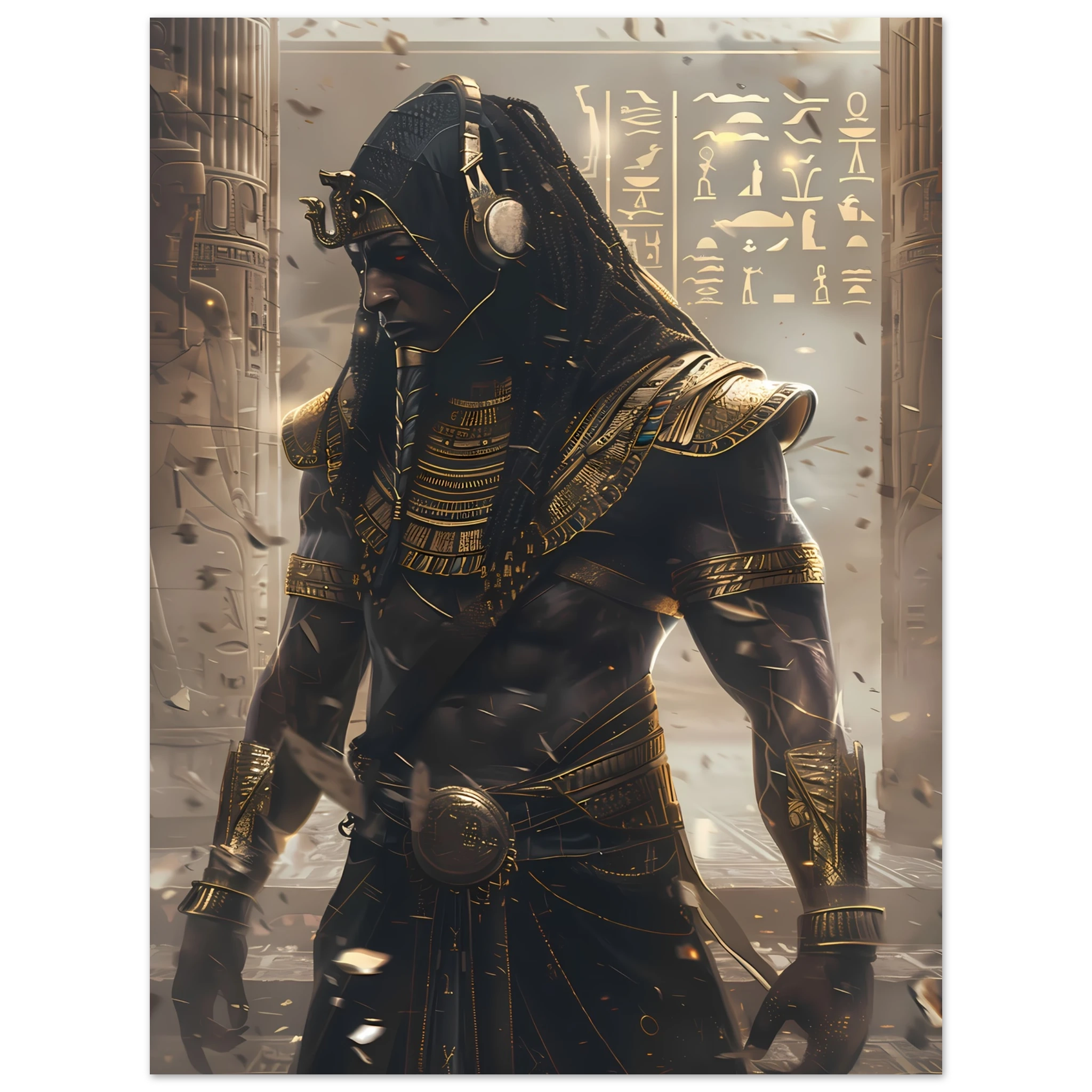 Pharaoh DJ with holographic turntables and neon hieroglyphs — modern cultural mashup.