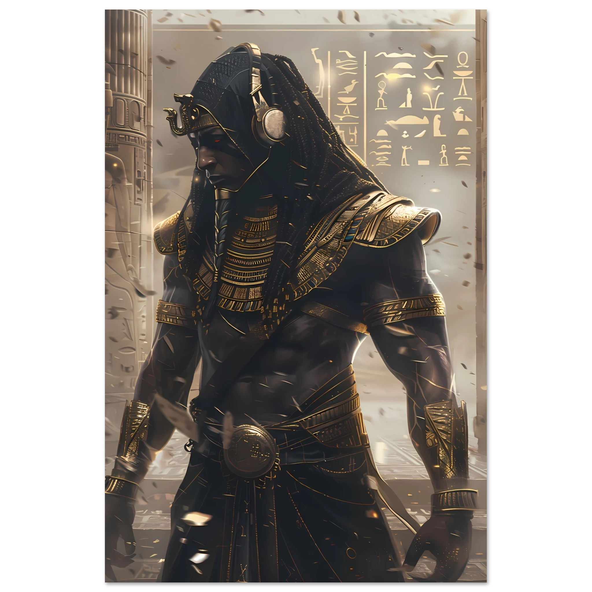 Pharaoh DJ with holographic turntables and neon hieroglyphs — modern cultural mashup.