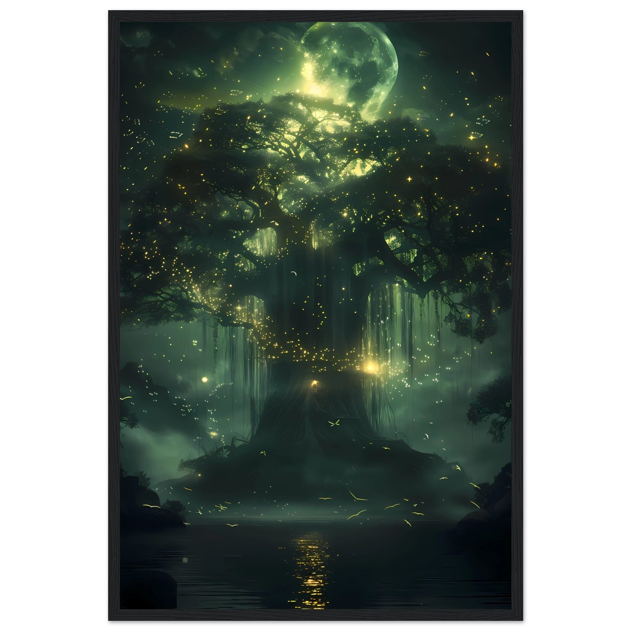 Fantasy Botanical Wall Art - Enchanted Willow Tree framed print with glowing leaves and moonlight, ideal for whimsical and serene home spaces.