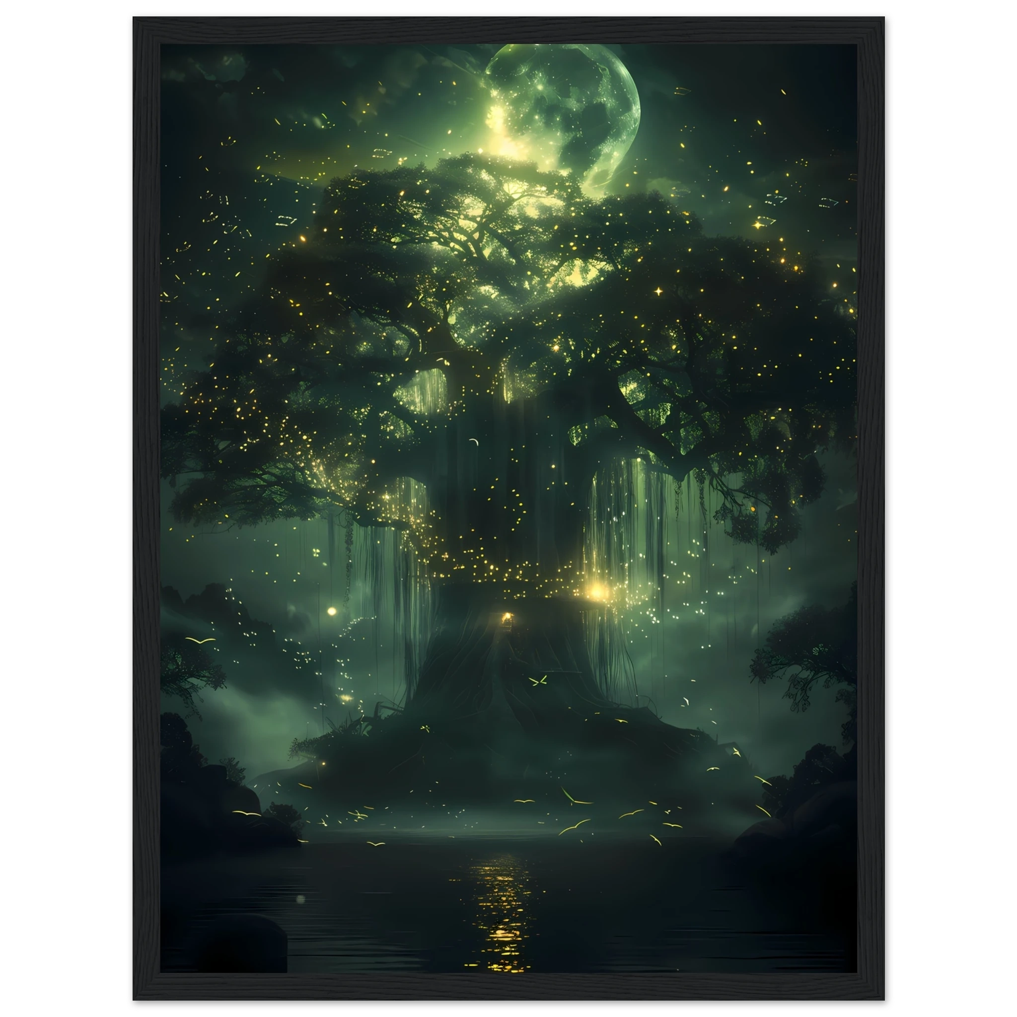Fantasy Botanical Wall Art - Enchanted Willow Tree print featuring a glowing tree under moonlight with fireflies, perfect for mystical home decor.