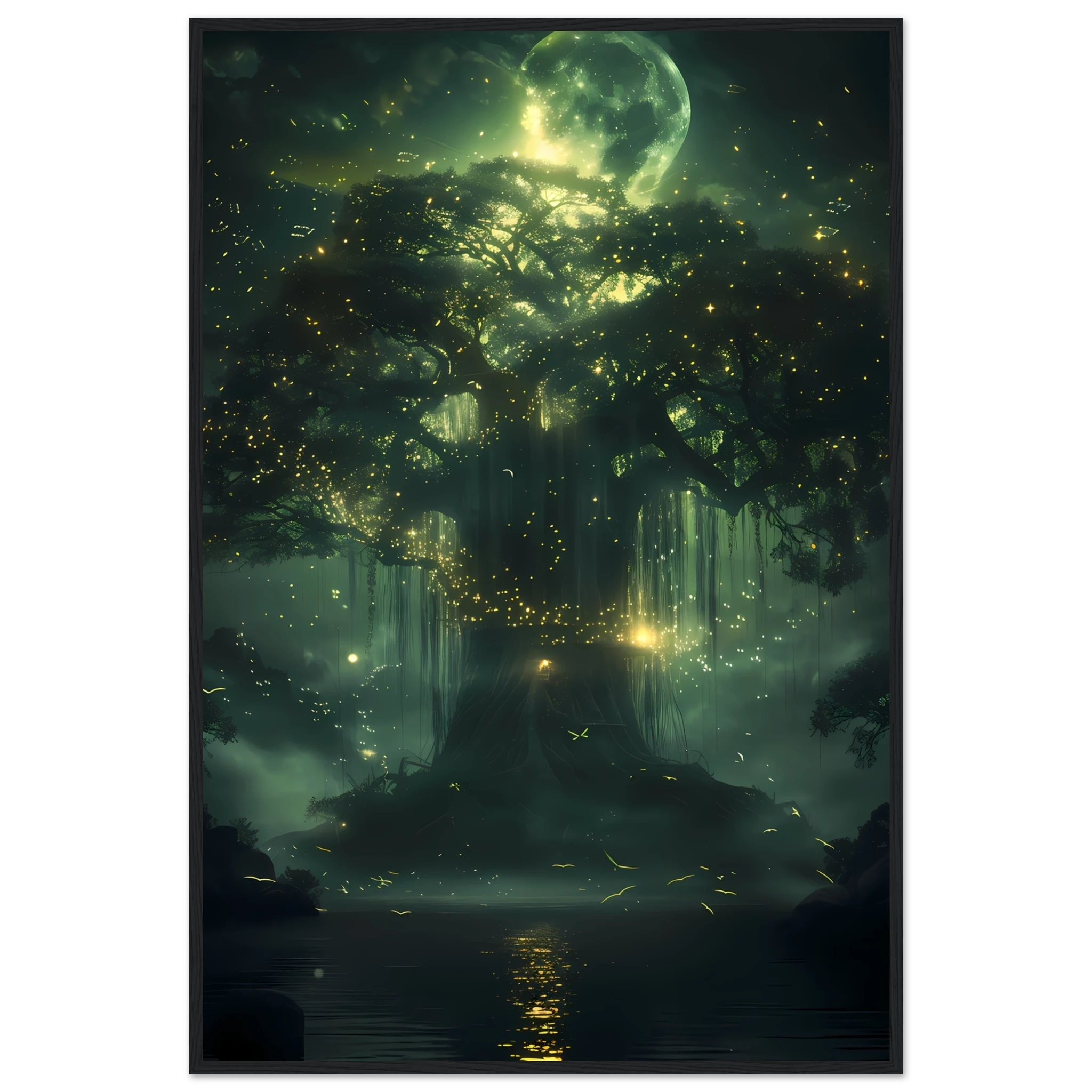 Enchanted Willow Tree fantasy print with moonlit branches and glowing lights, ideal for botanical-themed wall art in home or garden spaces.