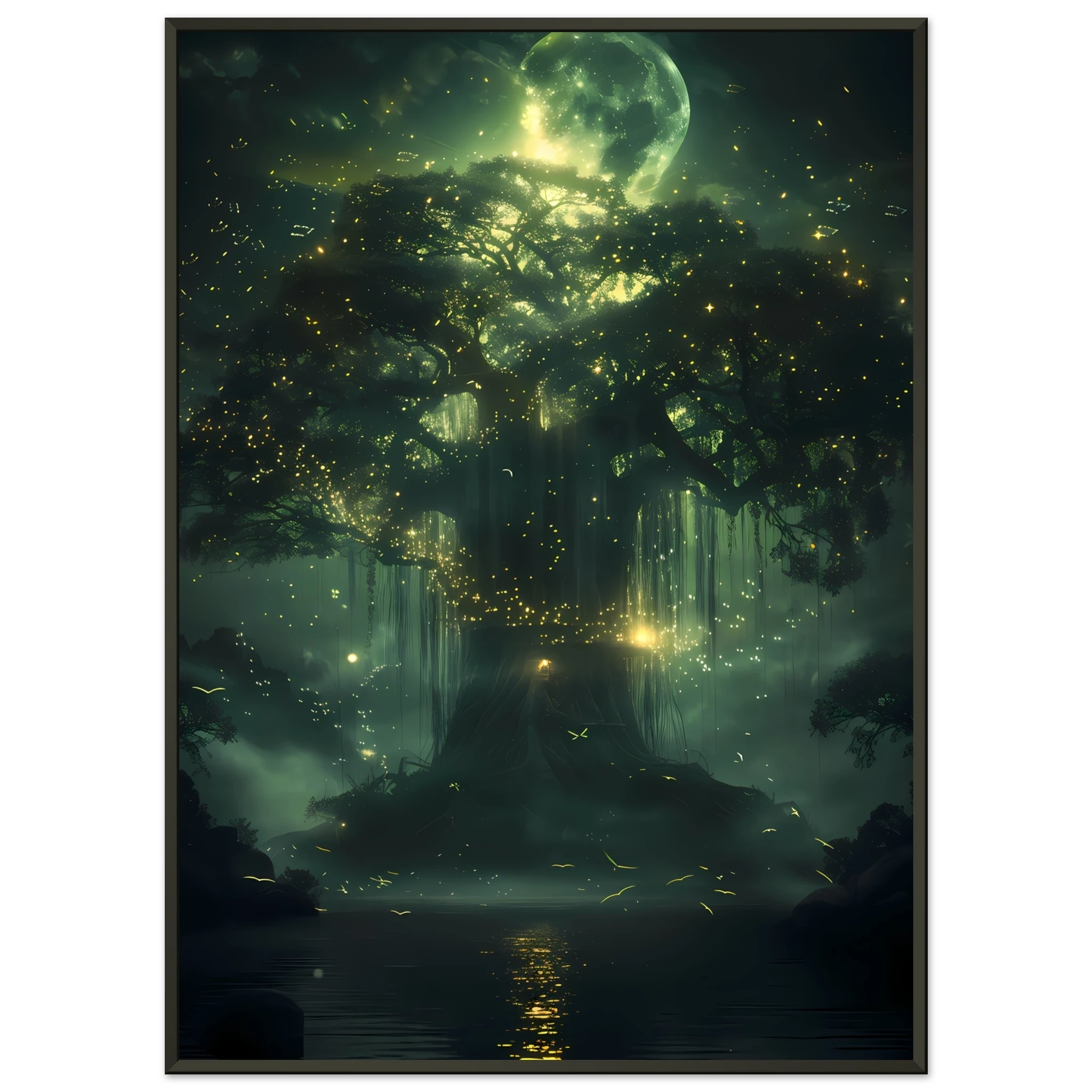Enchanted Willow Tree fantasy wall print with luminous foliage and moonlight, a magical botanical artwork for home and garden interiors.