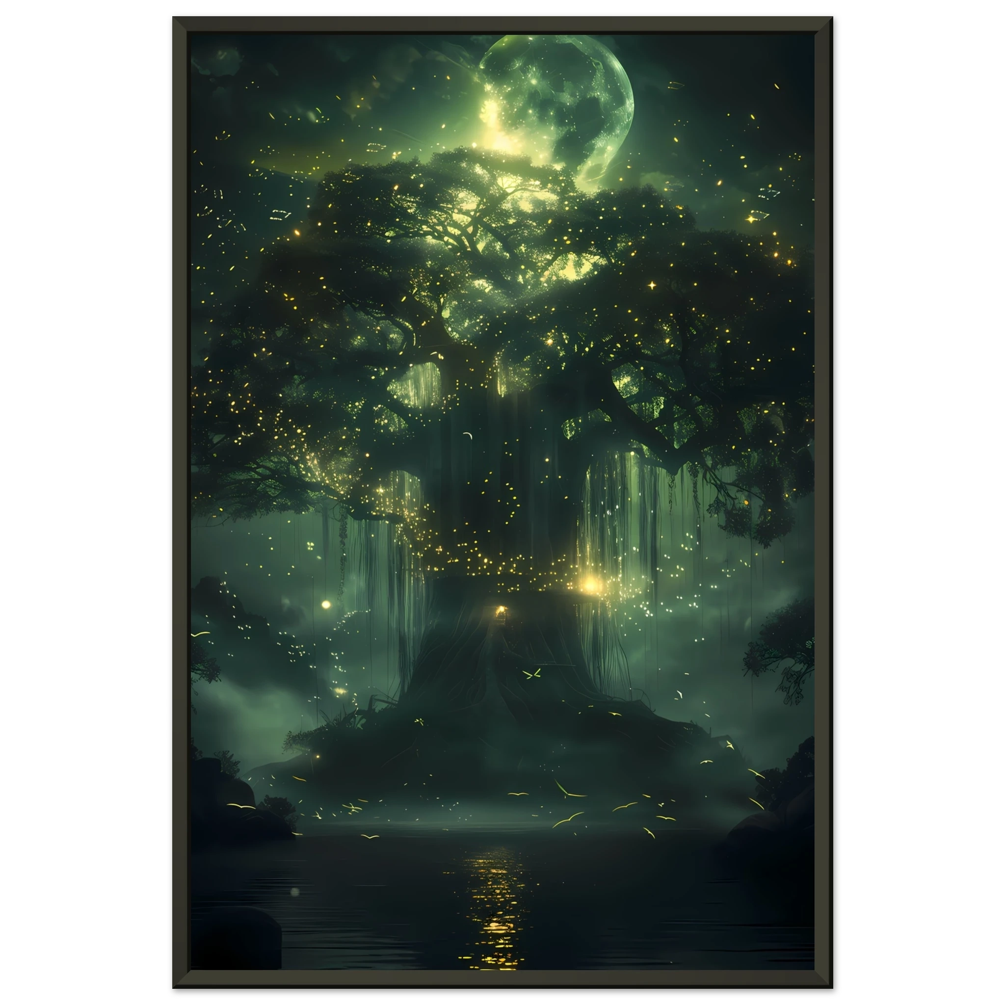 Enchanted Willow Tree fantasy print with sparkling lights and dreamy forest ambiance, ideal for botanical wall art in home and garden decor.