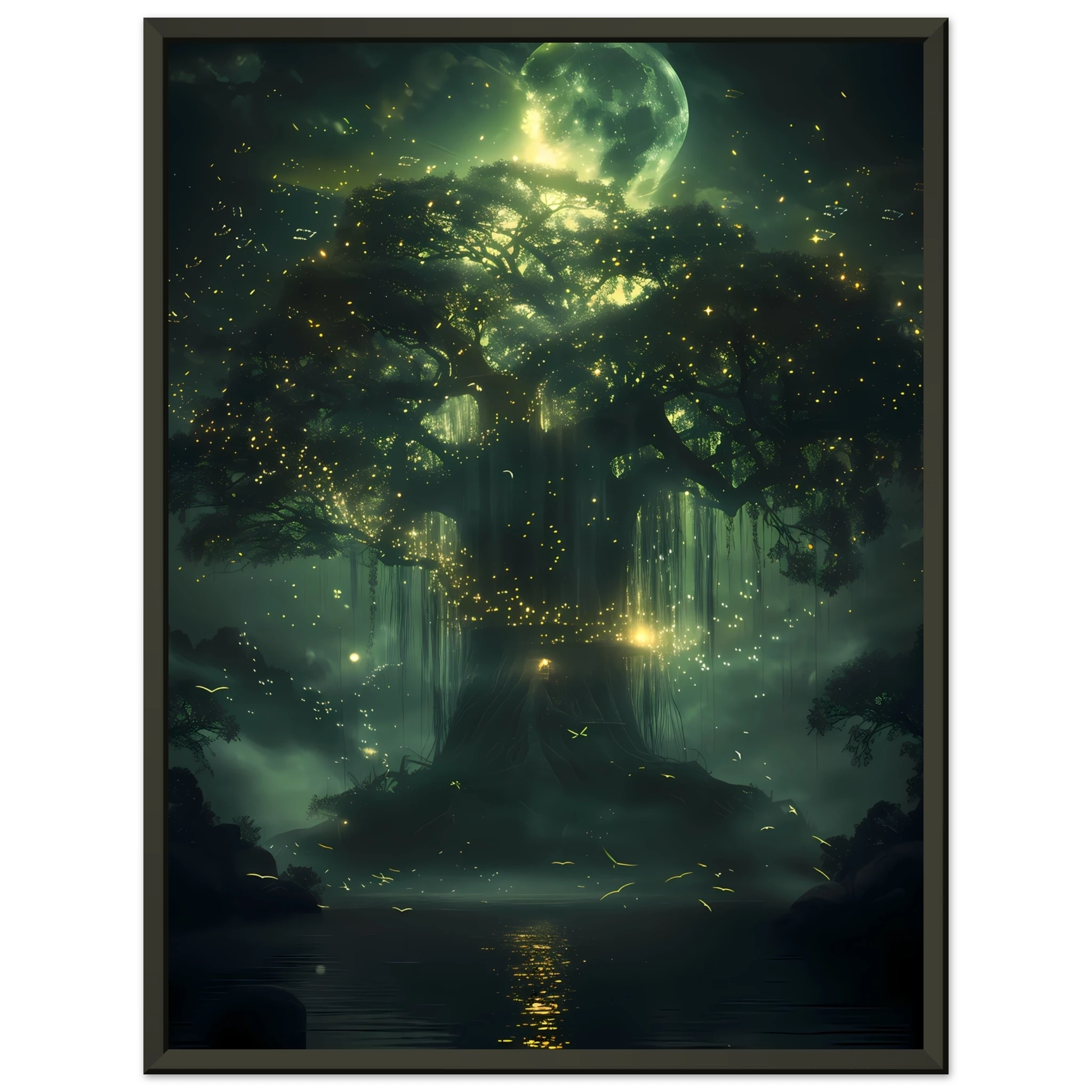 Fantasy Botanical Wall Art - Enchanted Willow Tree in bronze frame, featuring a mystical glowing tree under a full moon for fantasy-inspired decor.