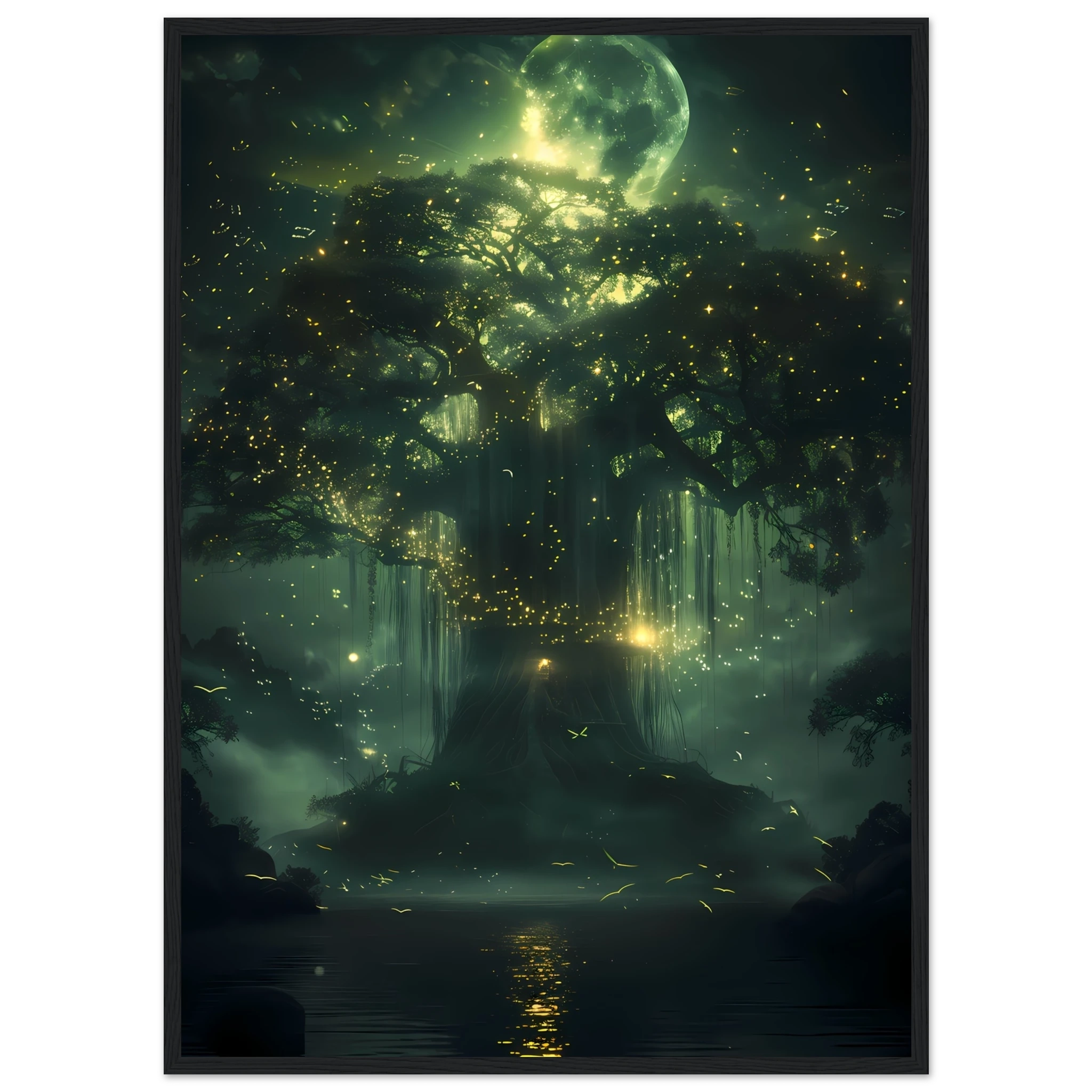 Framed Enchanted Willow Tree fantasy wall art with dark metallic border, ideal for adding a magical botanical touch to any living space.