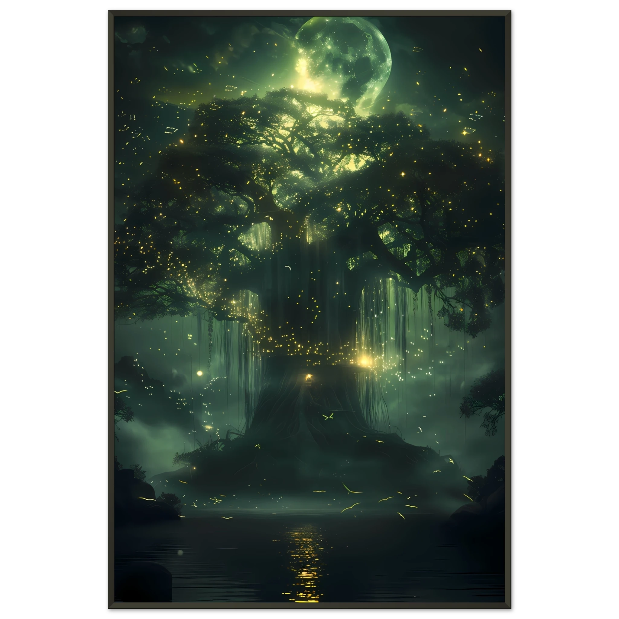 Fantasy Botanical Wall Art - Enchanted Willow Tree print with silver trim, glowing under moonlight with fireflies, great for whimsical home styling.