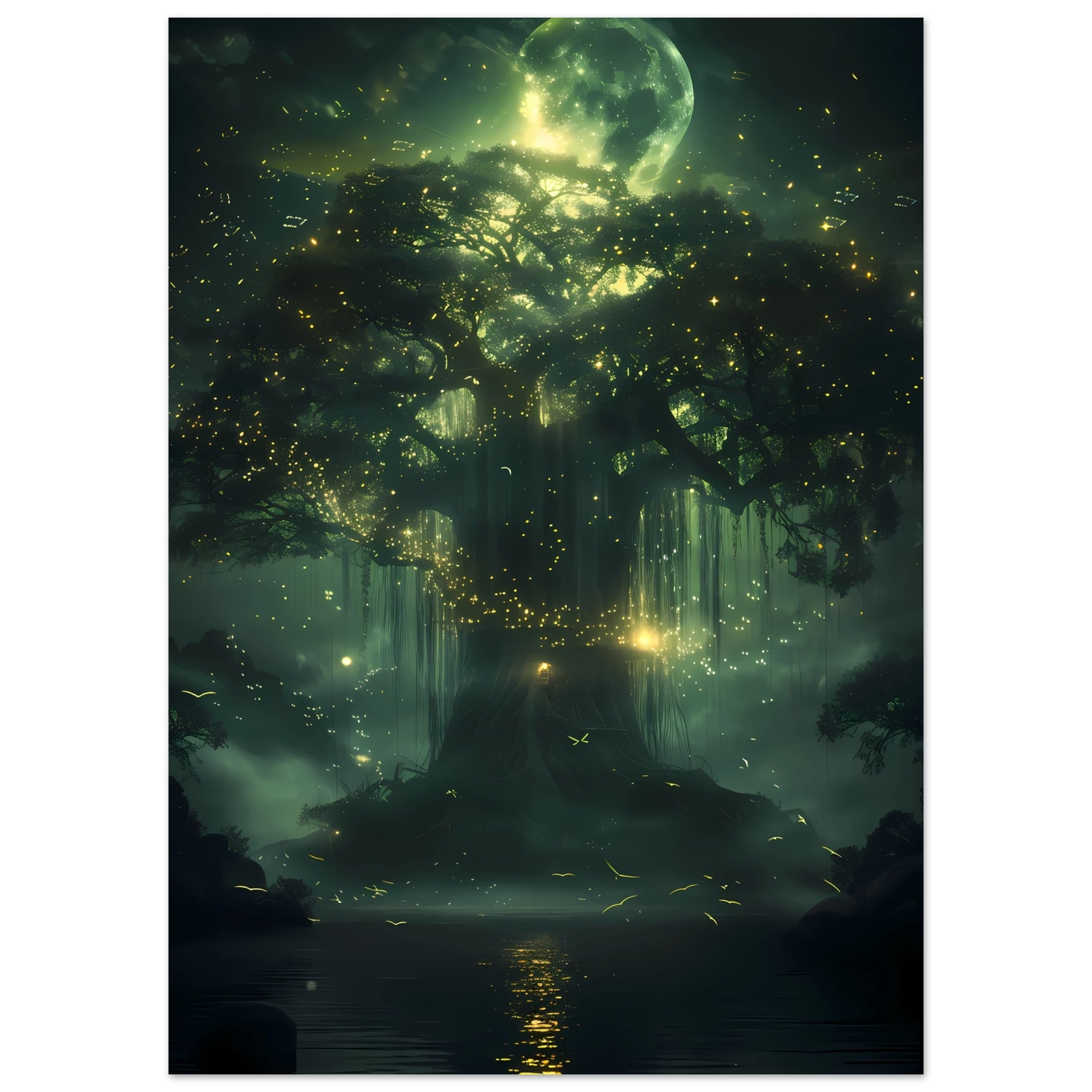 Mystical Enchanted Willow Tree fantasy print with glowing foliage and moonlit water reflection, ideal for fantasy botanical wall decor.