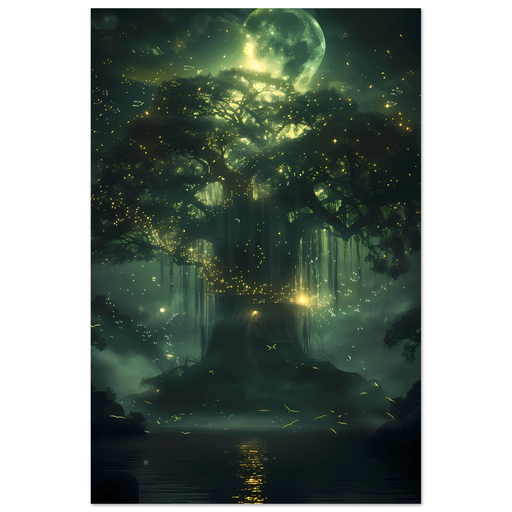 Fantasy Botanical Wall Art - Enchanted Willow Tree print with ethereal lighting and magical ambiance, perfect for serene home interior decoration.