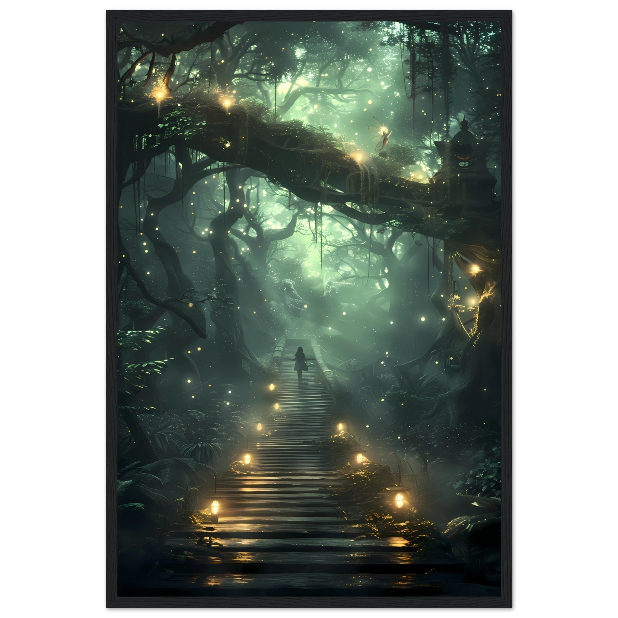 Glowing fairies in enchanted forest with bioluminescent mushrooms — whimsical wall art.