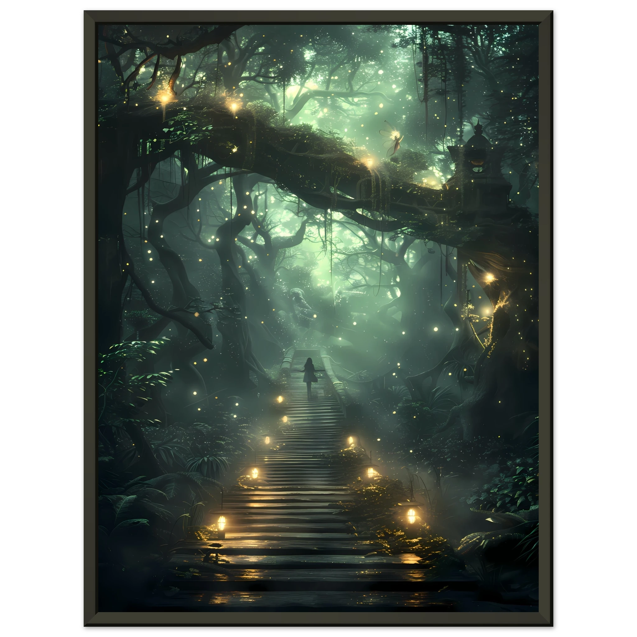 Glowing fairies in enchanted forest with bioluminescent mushrooms — whimsical wall art.