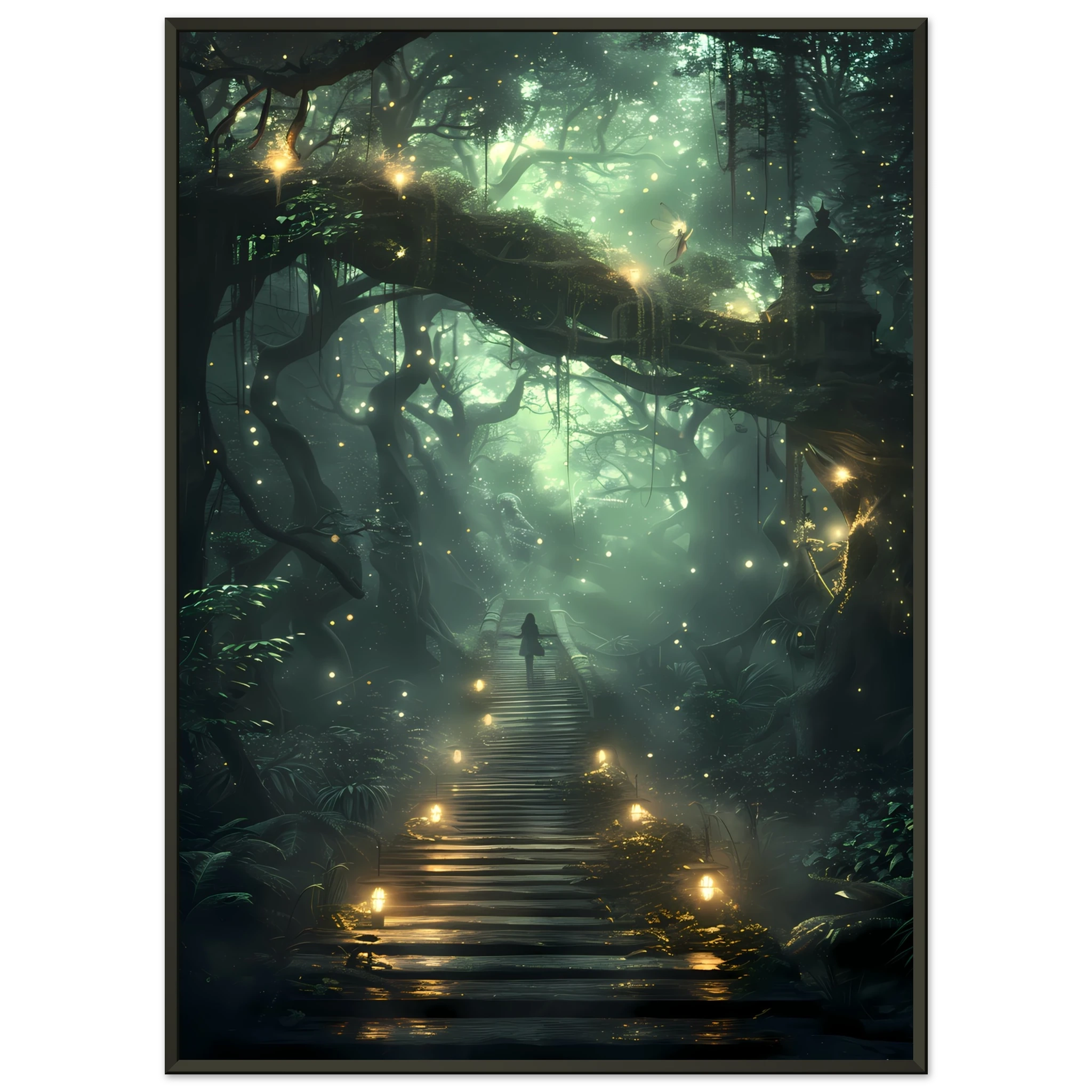 Glowing fairies in enchanted forest with bioluminescent mushrooms — whimsical wall art.