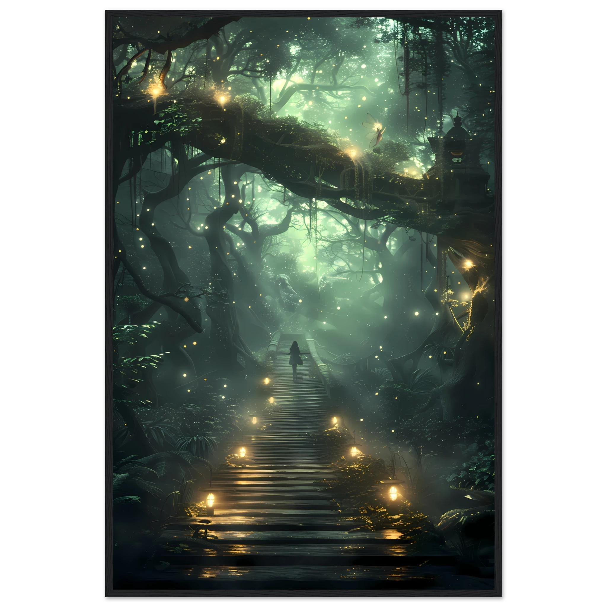 Glowing fairies in enchanted forest with bioluminescent mushrooms — whimsical wall art.